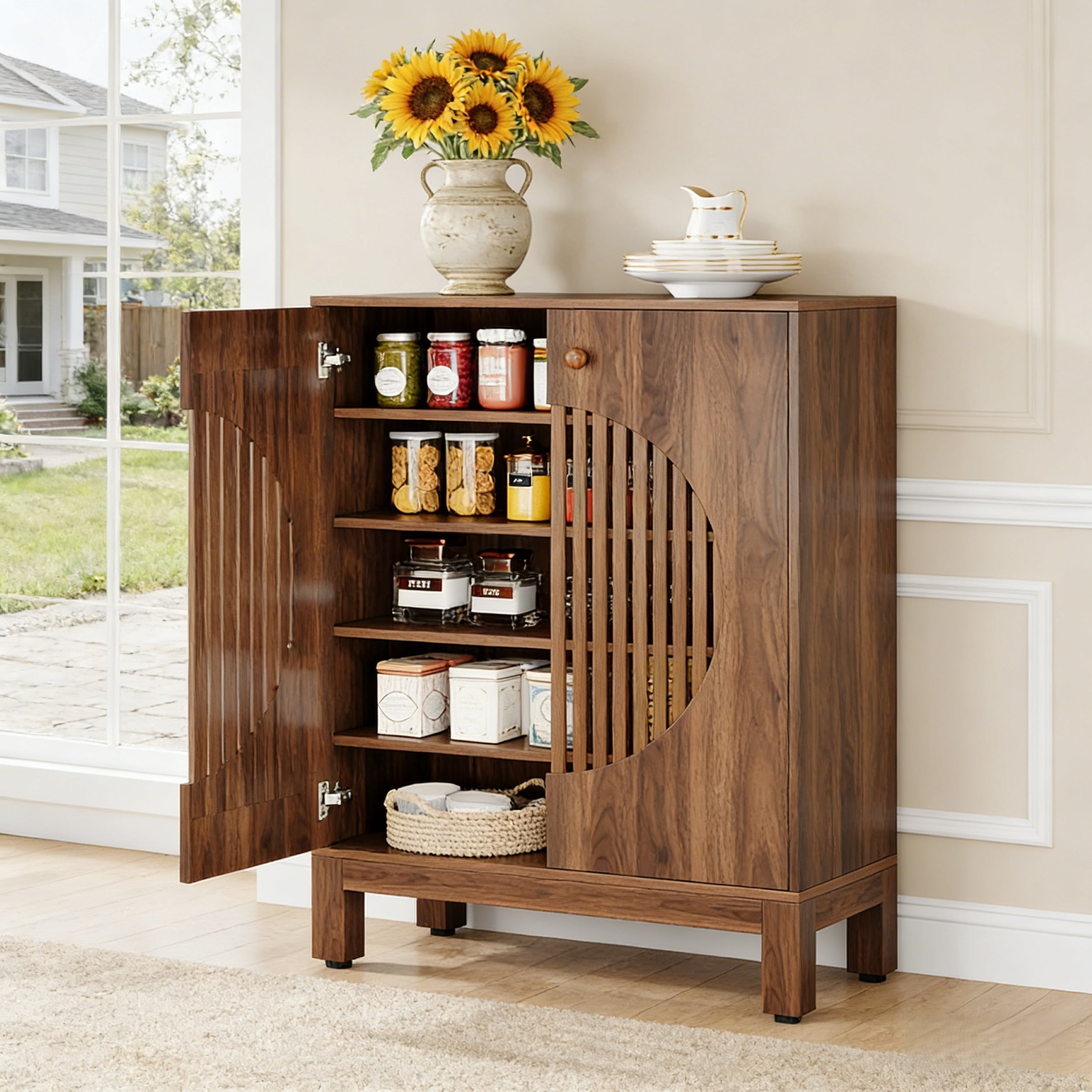 Fnova 5-Tier Farmhouse Cabinet, Side Cabinet with Adjustable Shelves & Feet, Shoe Storage, 20 Pairs, Louvered Doors, Easy Assembly for Entryway, Hallway, Living Room, Bathroom,Brown