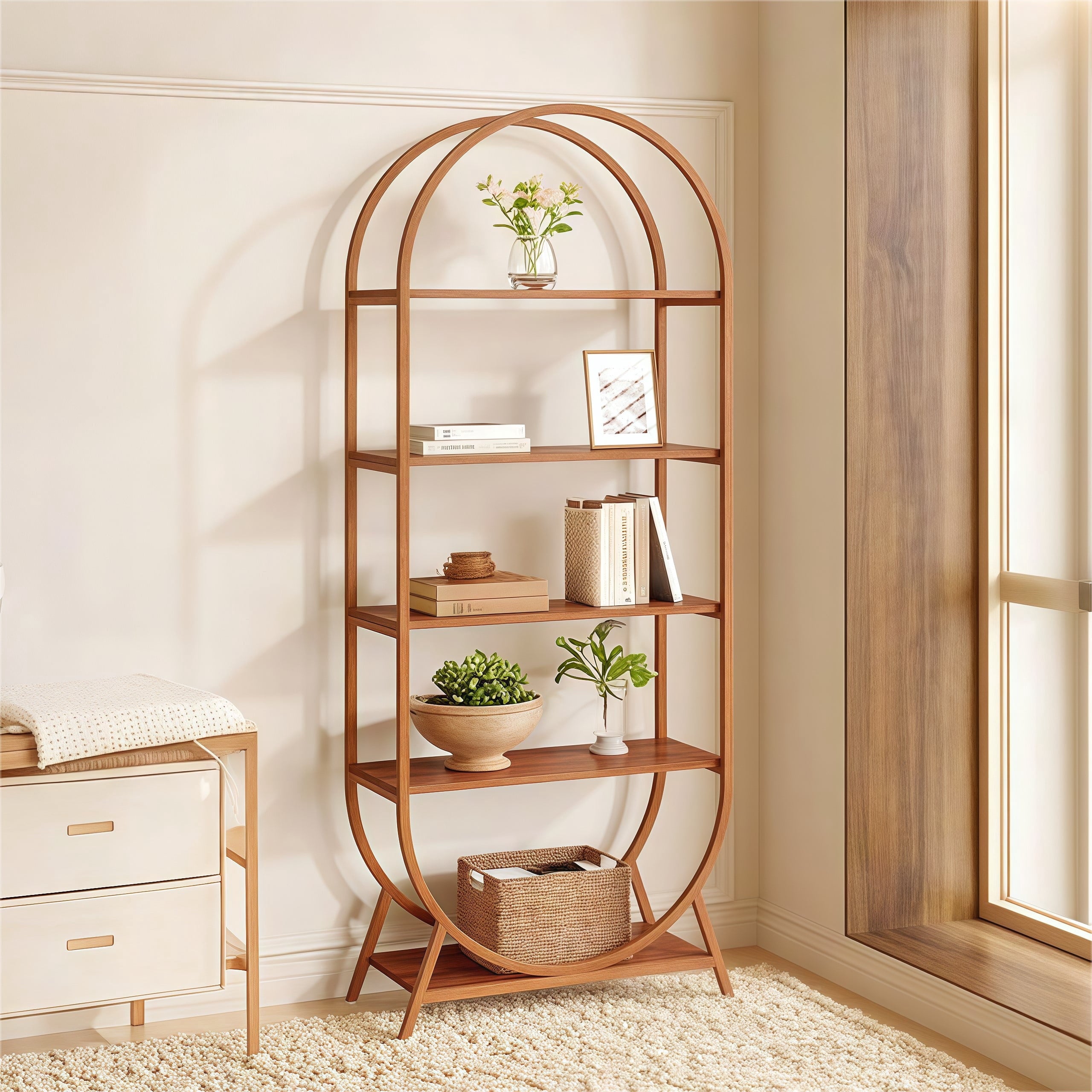 Fnova 71" Storage Shelf with 5 Shelves, Standing Display Rack, Tall Arched Bookcase Bookshelf, for Study, Office, Living Room, Bedroom, Kitchen, Brown,Brown