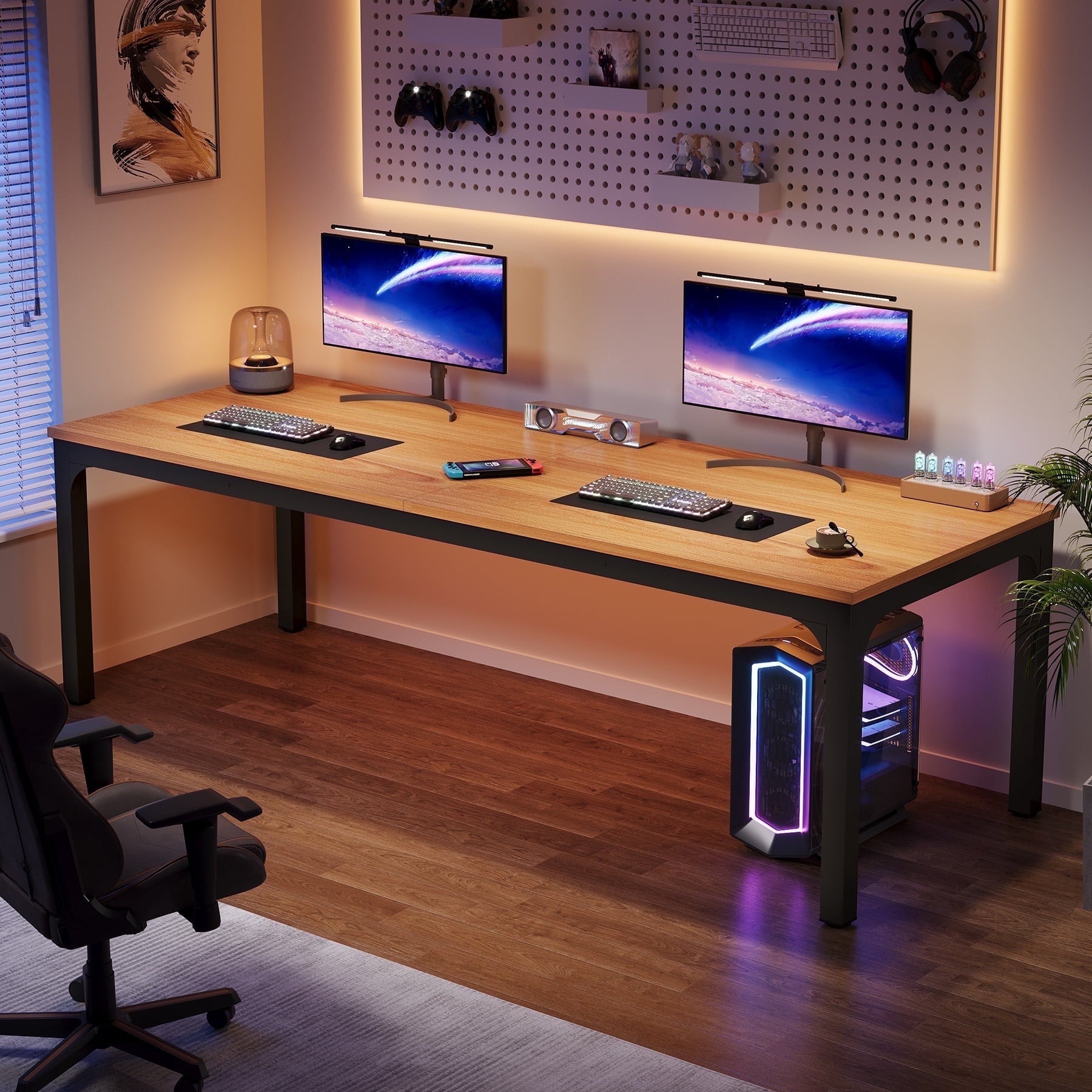 Fnova 78.7" Modern Computer Desk with Wood Desktop, Metal Frame Office Desk, Light Brown,Light Brown
