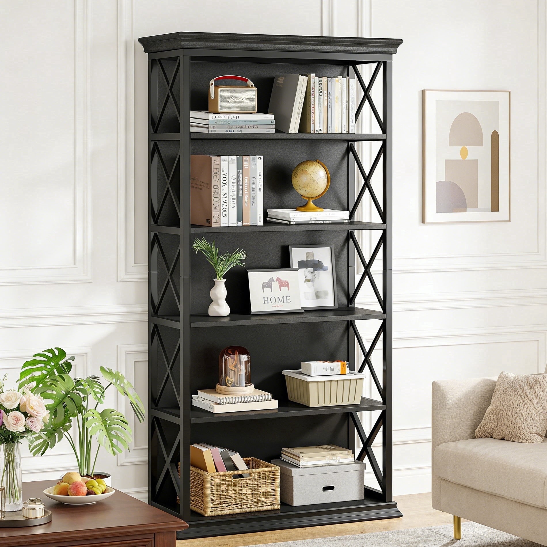 Fnova 71" 5-Tier Tall Bookshelf, Industrial Wood Bookcase with Metal Frame, Floor Standing Display Storage Shelves for Home Office, Living Room, Bedroom,Black