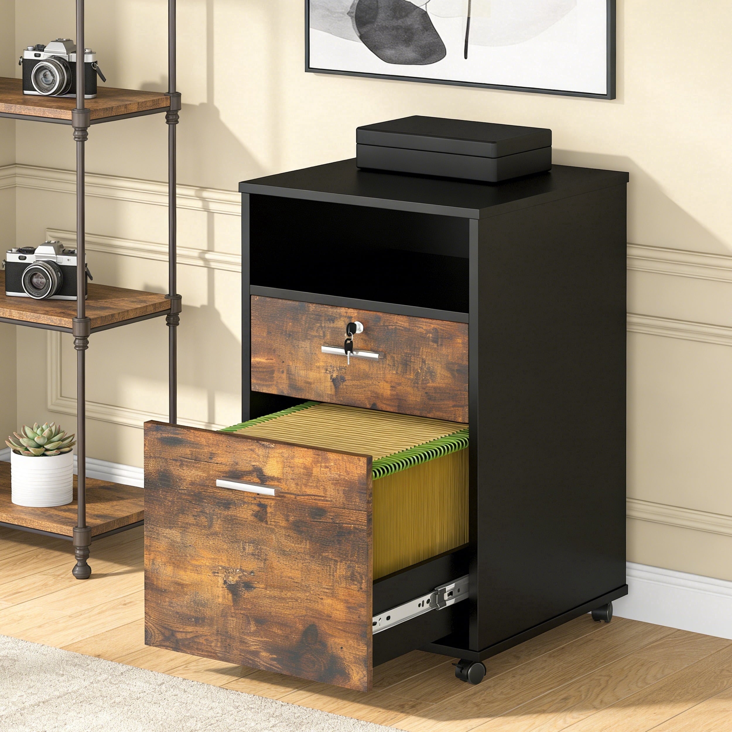 Fnova 2-Drawer Mobile File Cabinet with Rollers, Wood Modern Filing Cabinet with Lock and Key for Letter Size, Caninet with Open Shelf for Home Office, Brown,WM011406_BN_File