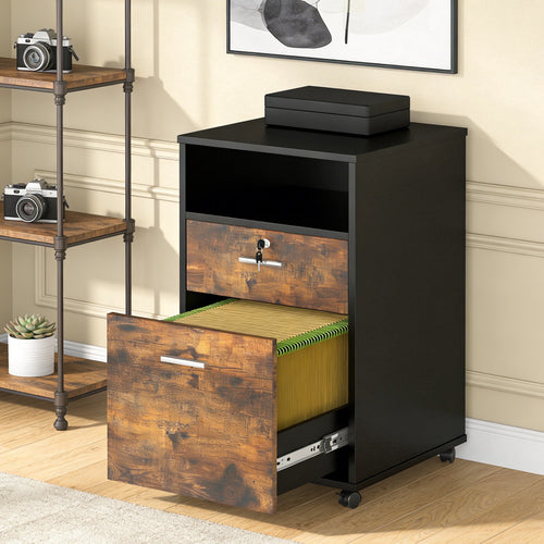 Fnova 2-Drawer Mobile File Cabinet with Rollers, Wood Modern Filing Cabinet with Lock and Key for Letter Size, Caninet with Open Shelf for Home Office, Brown,WM011406_BN_File