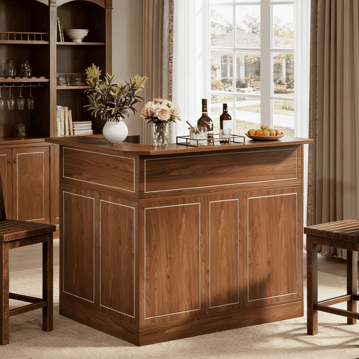 Fnova Bar Table, L-Shaped Home Pub Table with Stemware Racks, 4-Tier Corner Bar Unit Liquor Wine Bar Cabinet Reception Desk for Home Pub,WM010901_BN_US