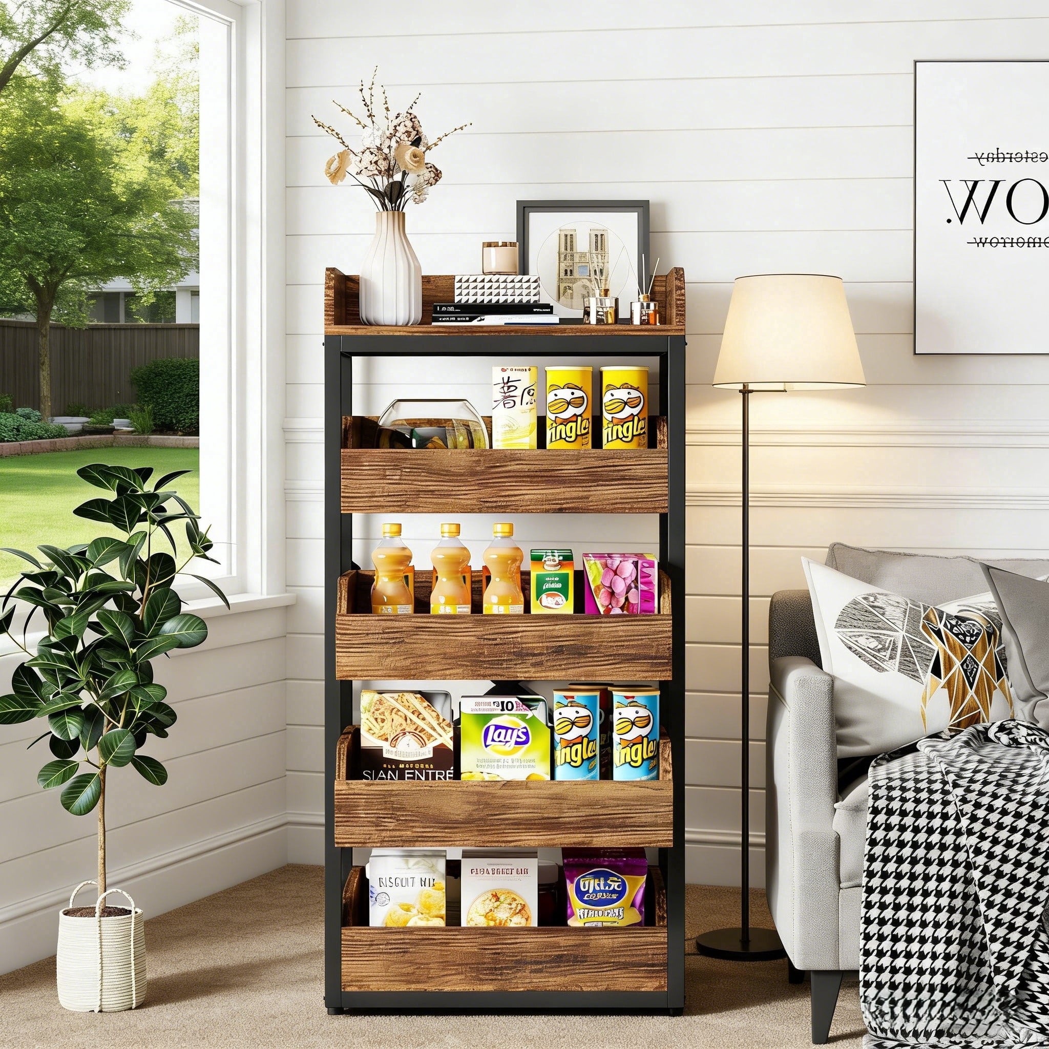 Fnova 46" 5-Tier Wood Storage Rack, Pull-Out Snack Stand Fruit Vegetable Basket Stand, Shelf Organizer with Heavy-Duty Metal Frame for Kitchen, Living Room, Bedroom,Brown