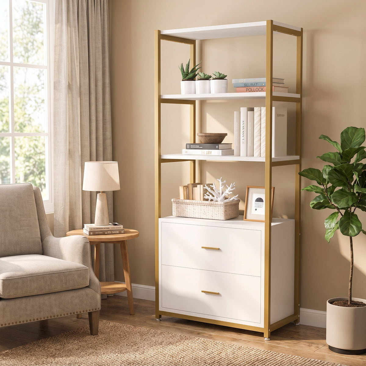 Fnova Rustic Industrial Storage Shelf Unit, with Drawers 4-Tier Open Closed Bookcase Cabinet for Living Room Bedroom Home Office,WM010566_W_US