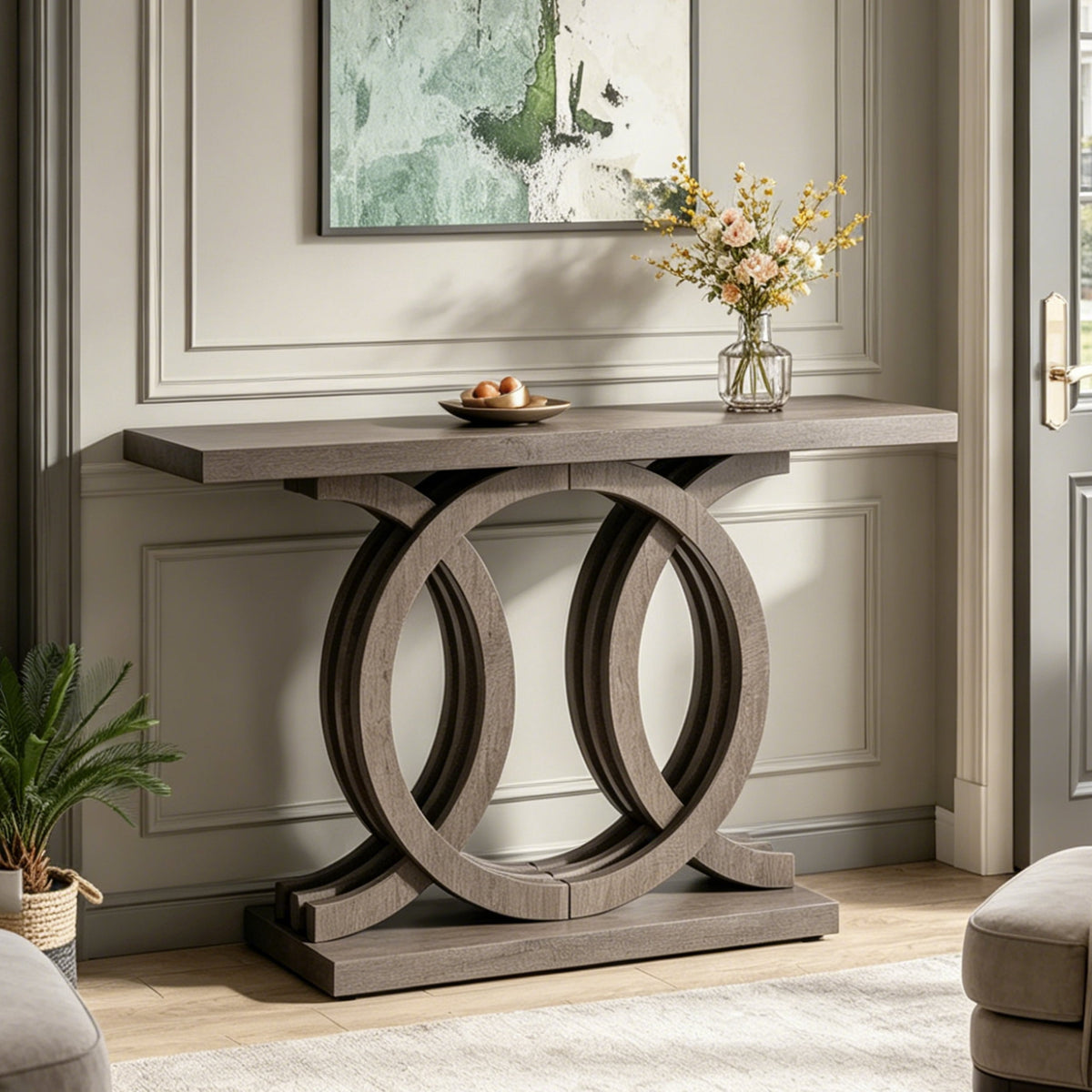 Fnova 55-Inch Console Table with Geometric Base, Modern Wood Narrow Entryway Table Sofa Table for Living Room, Hallway, Foyer,WM010335_DBN_US