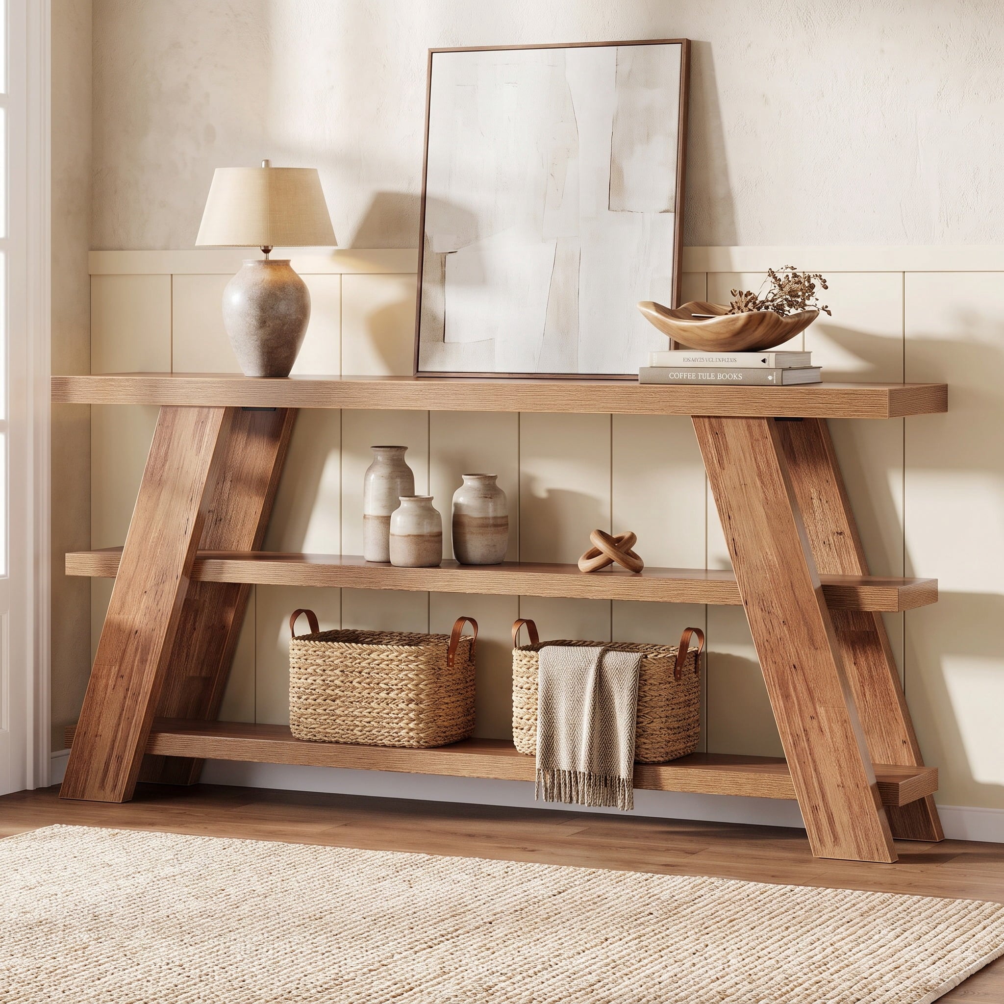 Fnova 70.9-Inch Farmhouse Console Table, 3-Tier Extra Long Entryway Table with Storage, Narrow Wooden Sofa Table for Living Room, Hallway,WM010909_BN_US