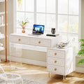 Fnova Rotatable L-Shaped Computer Desk with 3 Drawers, Cabinet, Reversible Corner Design with Adjustable Shelves, Home Office Workstation Writing Table for Bedroom,0