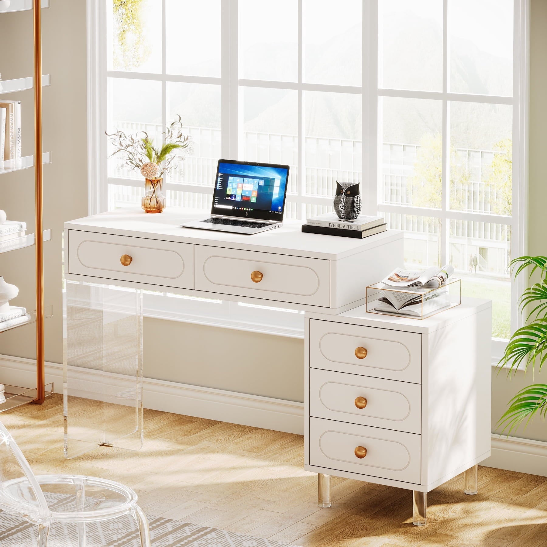 Fnova Rotatable L-Shaped Computer Desk with 3 Drawers, Cabinet, Reversible Corner Design with Adjustable Shelves, Home Office Workstation Writing Table for Bedroom,0