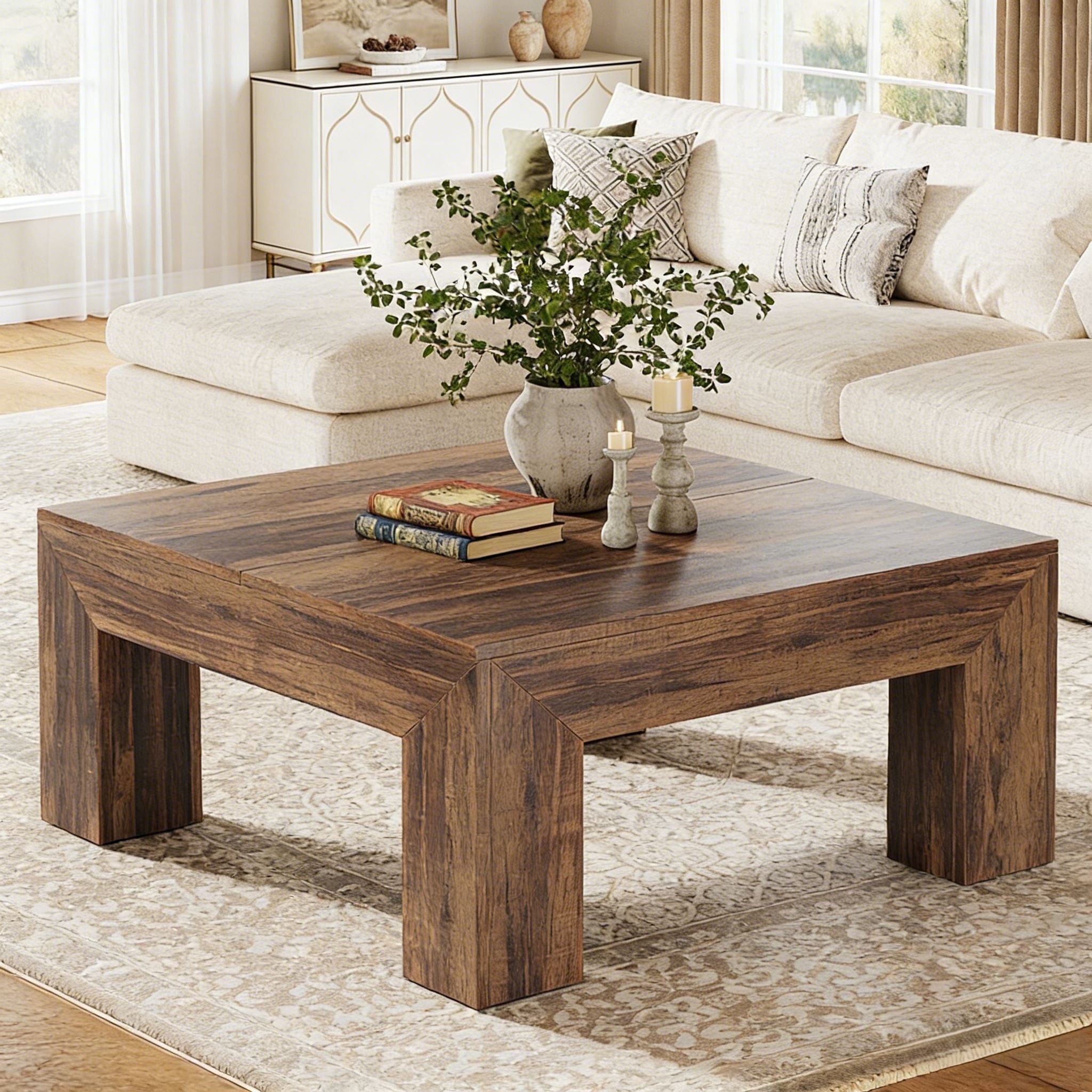 Fnova 39.4" Square Coffee Table, Farmhouse Wood Accent Center Cocktail Table with Sturdy Wooden Legs for Living Room, Easy Assembly,Dark Brown