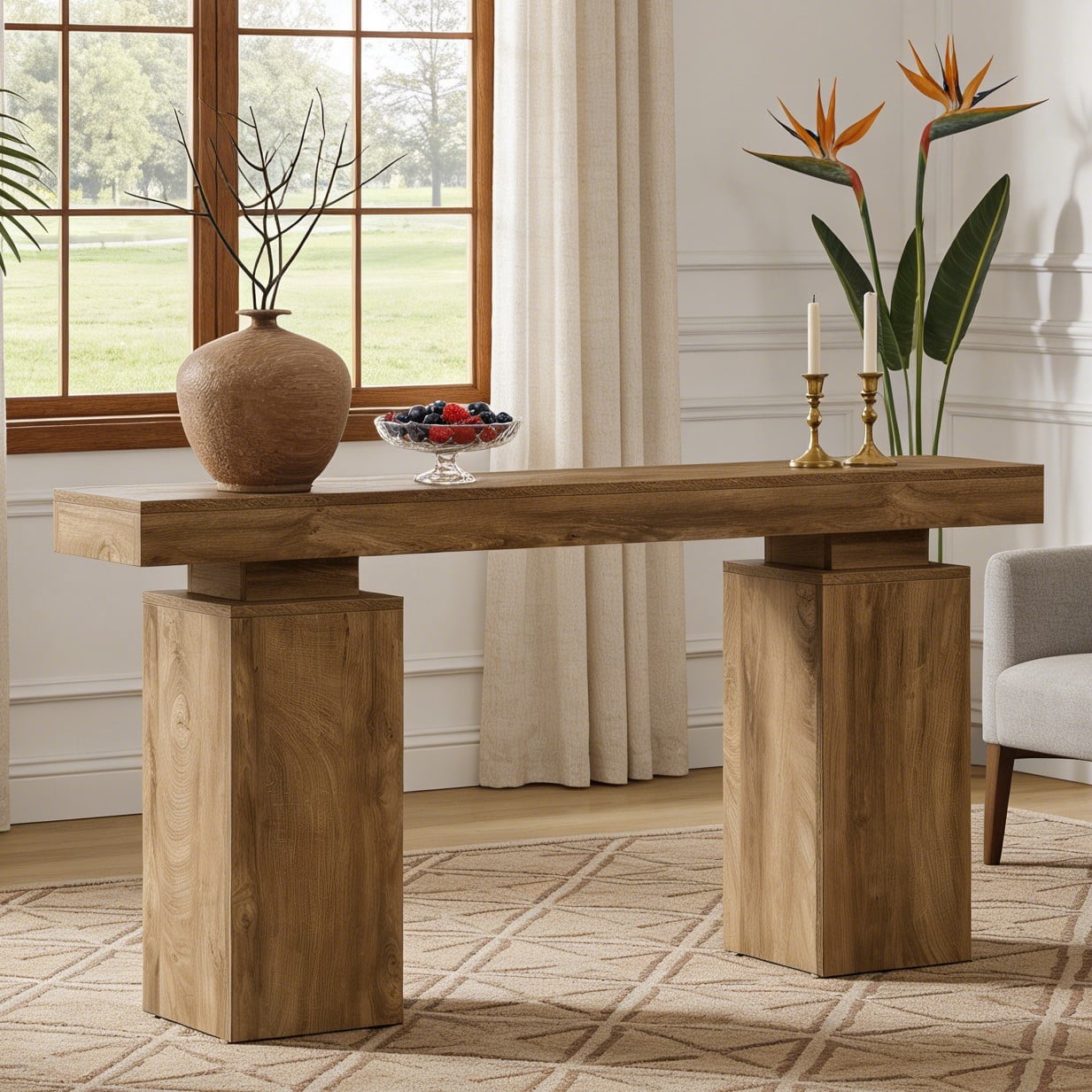 Fnova 63" Farmhouse Console Table, Long Wood Entryway Table for Foyer, Easy Assembly, Hallway Accent Furniture Behind Couch, Living Room Decor Stand,Brown