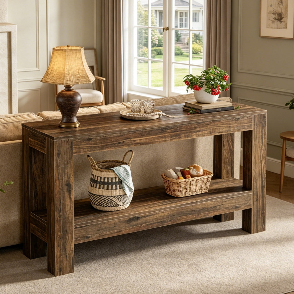 Fnova 63-Inch Farmhouse Console Table, Entryway Table with 2-Tier Storage Shelves, Wood Sofa Table for Living Room, Hallway, Foyer, Dark Brown,WM010344_DBN_US
