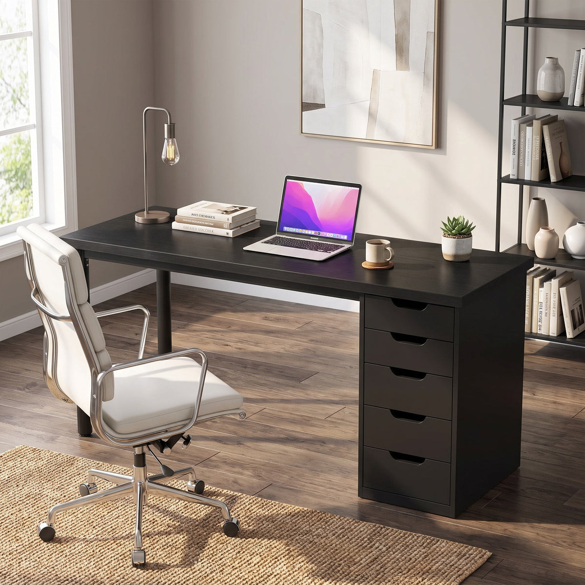 Fnova 47.24-Inch Computer Desk with 5 Drawers, Reversible File Cabinet, Writing Workstation for Home Office Bedroom Study Makeup Vanity Desk Furniture,WM010404C_B_Desk