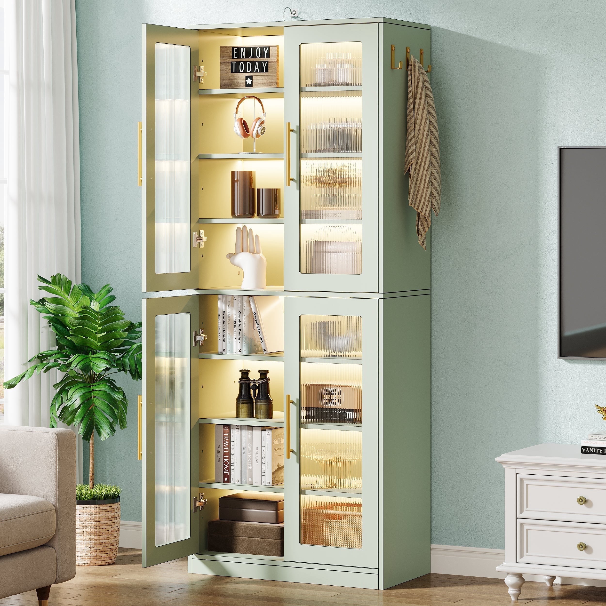 Fnova 66.93-Inch Bookcase with Doors, 8 Tier Storage Cabinet with LED Lights for Living Room, Bedroom, Study, Green,WM010601_G_US1