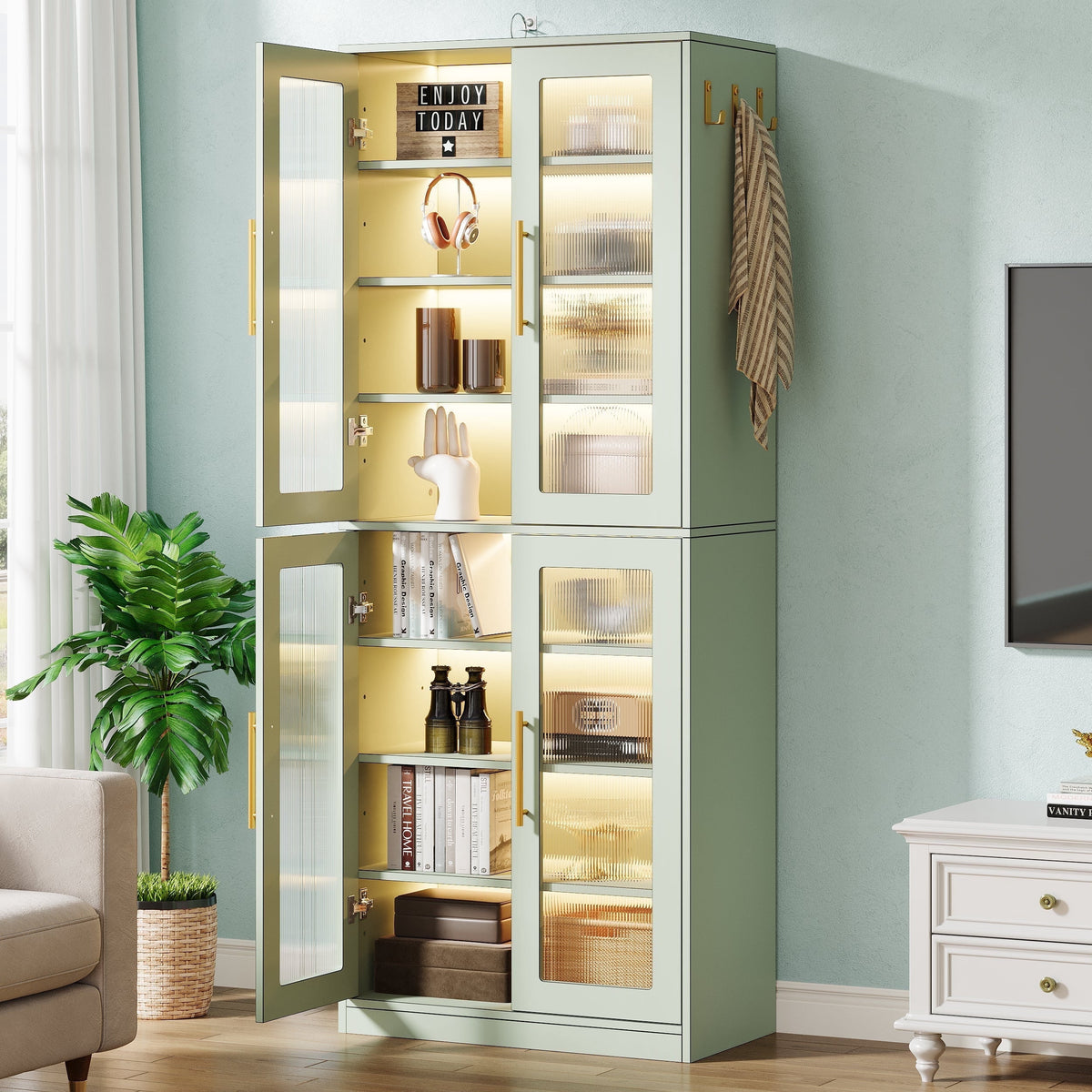 Fnova 66.93-Inch Bookcase with Doors, 8 Tier Storage Cabinet with LED Lights for Living Room, Bedroom, Study, Green,WM010601_G_US1