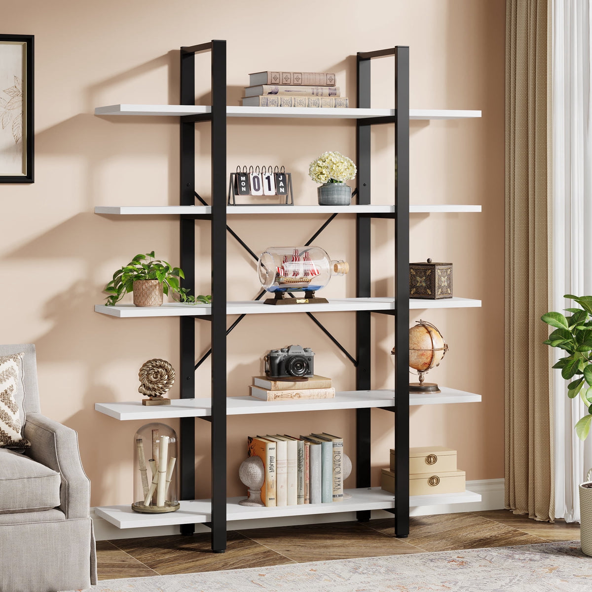 Fnova 72-Inch Industrial 5-Tier Bookshelf, Tall Display Shelf with Metal Frame, MDF Board, Heavy-duty Storage Rack for Kitchen, Dining Room, Living Room, Office, Bedroom, Easy Assembly,WM010504_BW_Shelf