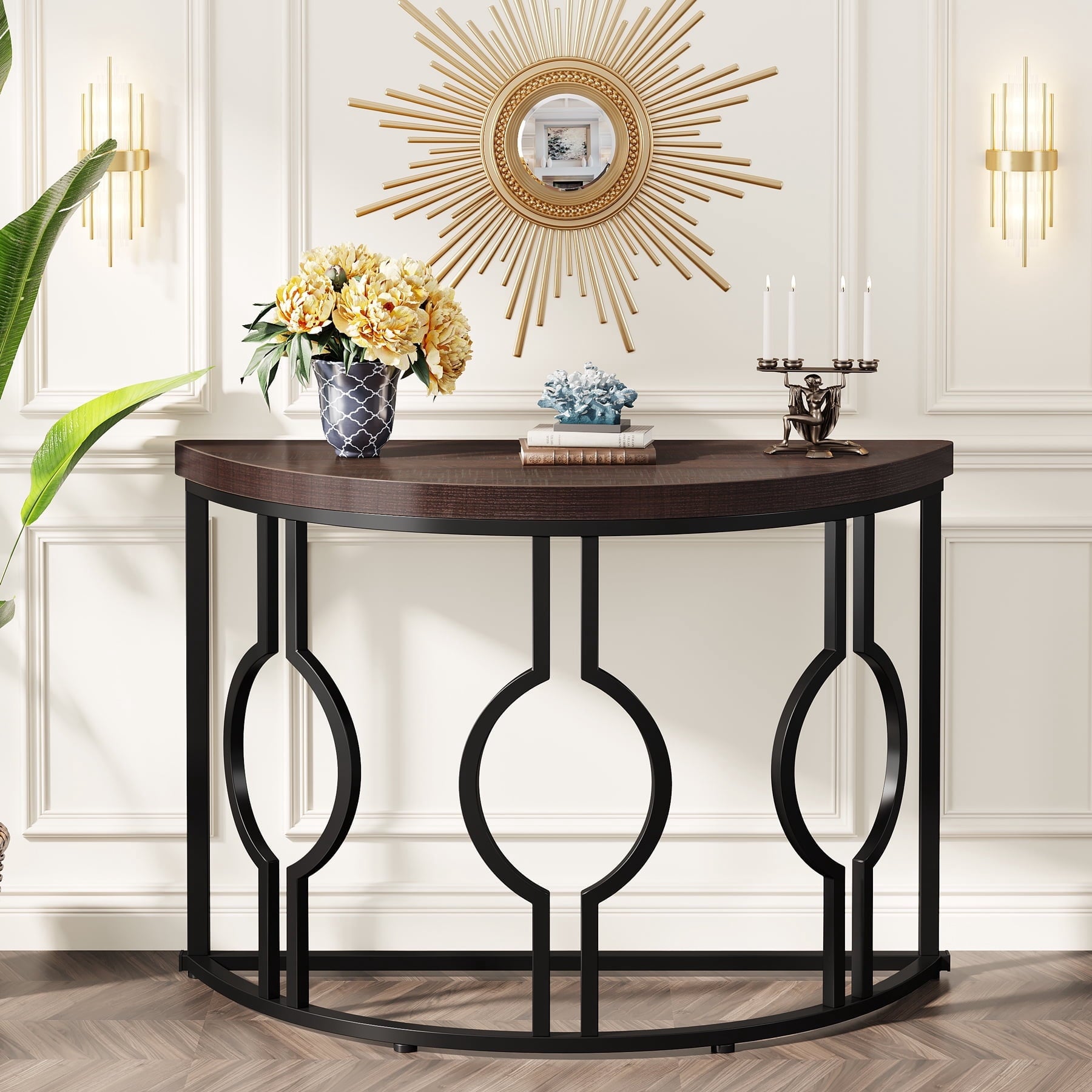Fnova 43-Inch Industrial Entryway Console Table, Half Moon Semi-Circle Sofa Table with Geometric Metal Base, Wood Accent Table for Living Room, Hallway, Foyer, Entrance, Easy Assembly,WM010317_BN_Console