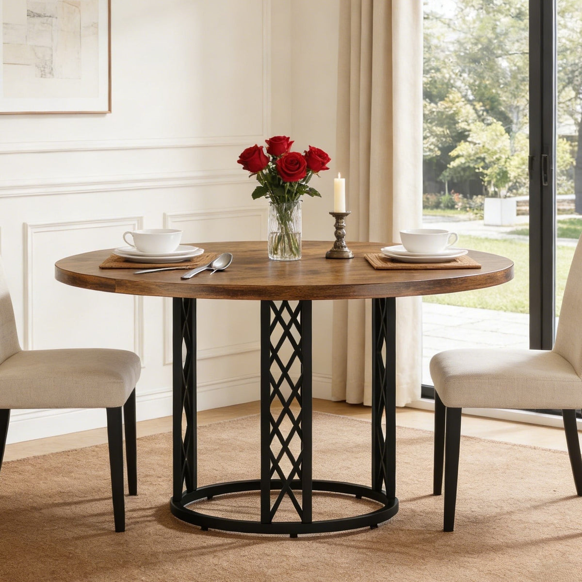 Fnova 47.24-Inch Modern Round Dining Table for 4 with Wood Tabletop, Kitchen Table for Dining Room, Brown,WM010210C_BN_Tables