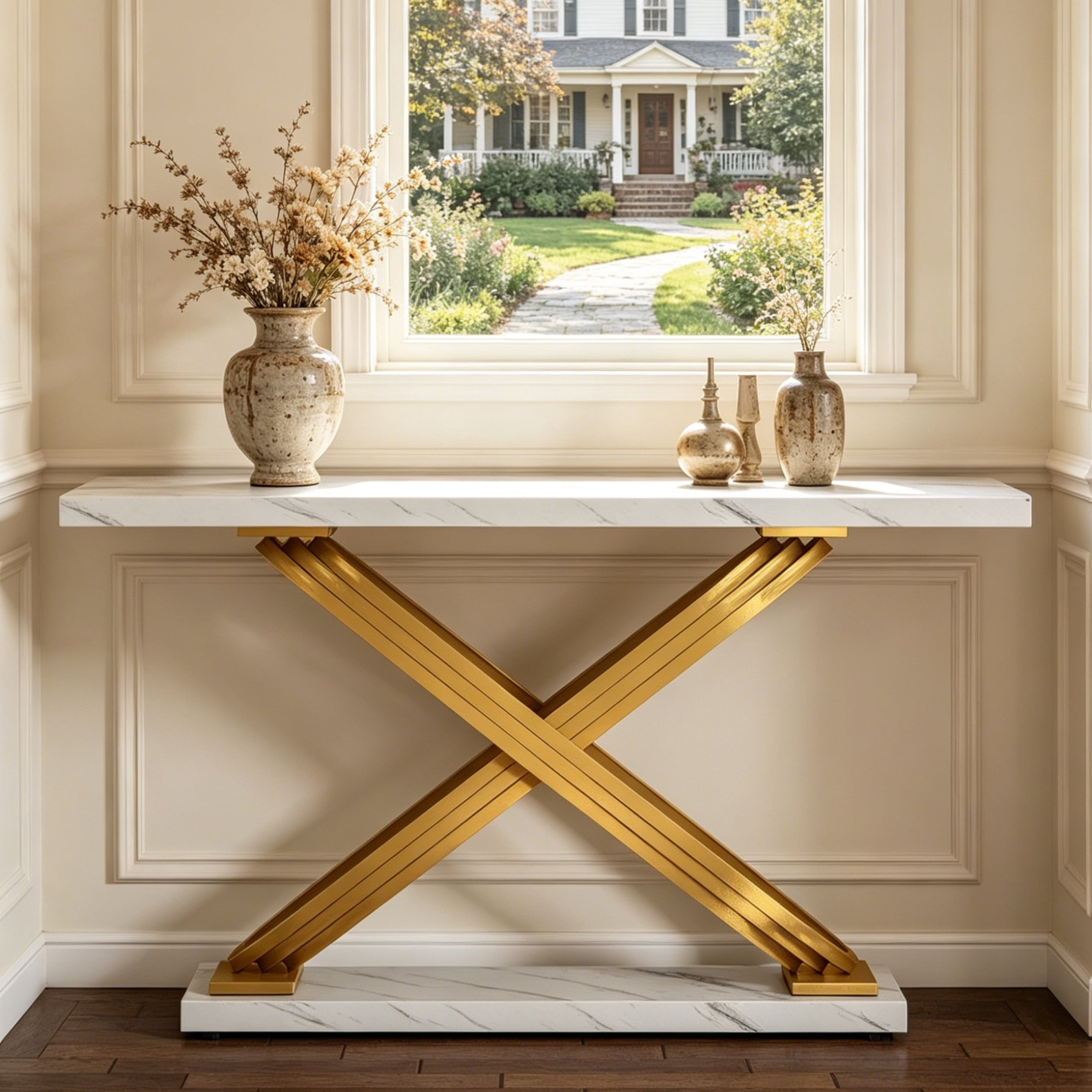 Fnova 55" Modern Luxury Console Table, Gold & White Faux Marble Entryway Table, X-Shaped Frame Narrow Sofa Table for Living Room, Hallway,0