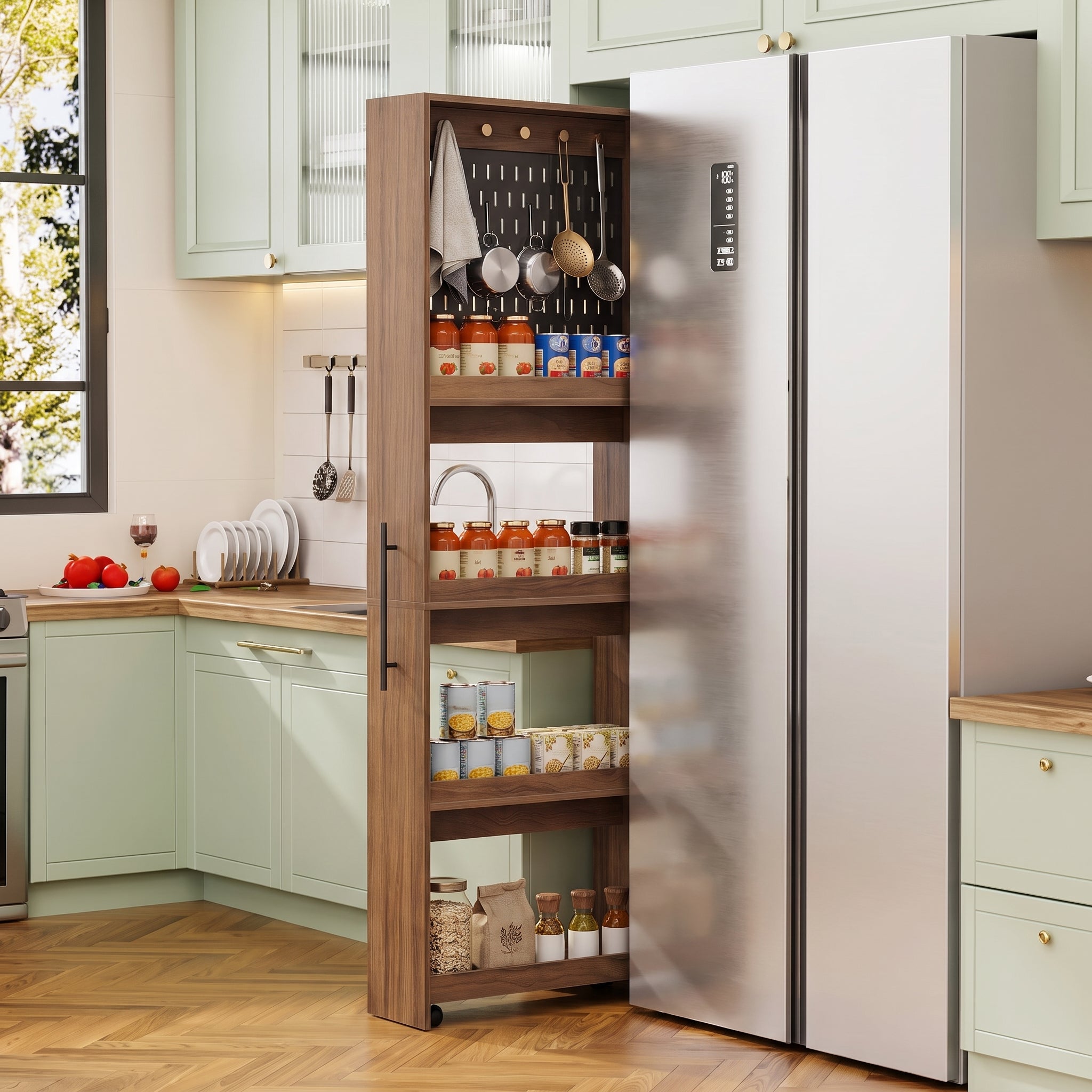 Fnova 75" Tall Rolling Slim Storage Cart, Narrow Pantry Cabinet with Wheels & Pegboard, Wooden Gap Storage Organizer for Kitchen, Laundry Room, Bathroom & Small Spaces