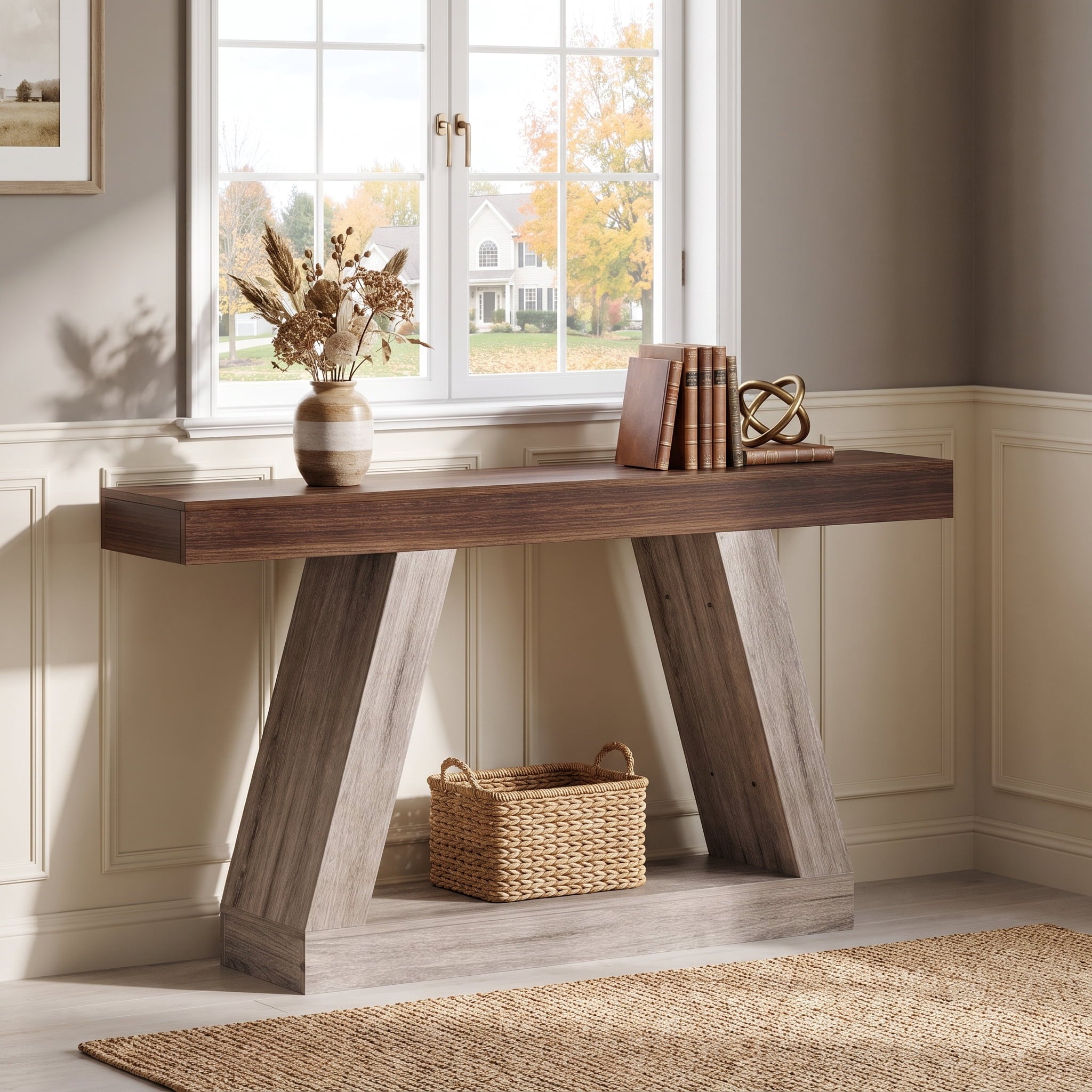 Fnova 55" Farmhouse Console Table, 2-Tier Storage Sofa Table, Long Wood Entryway Table for Hallway, Living Room, Easy Assembly,Grey Oak