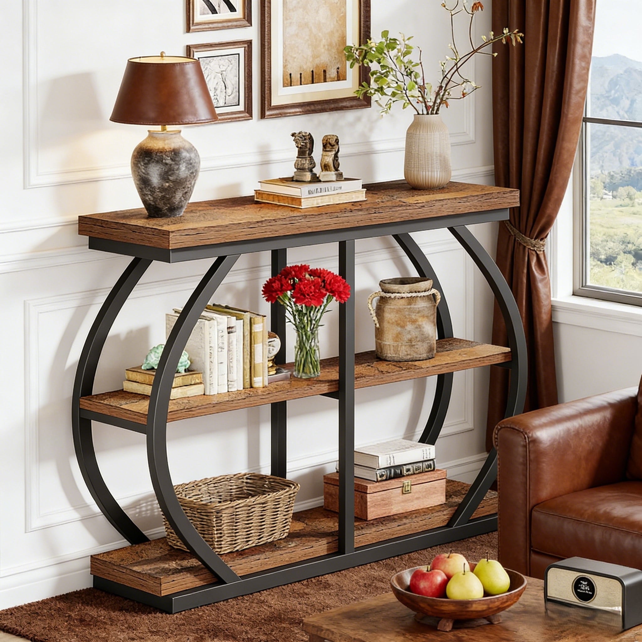 Fnova 41.3" Industrial Console Table, 3-Tier Entryway Table with Arched Metal Frame, Storage Shelves, Easy Assembly, for Living Room, Hallway,Dark Brown