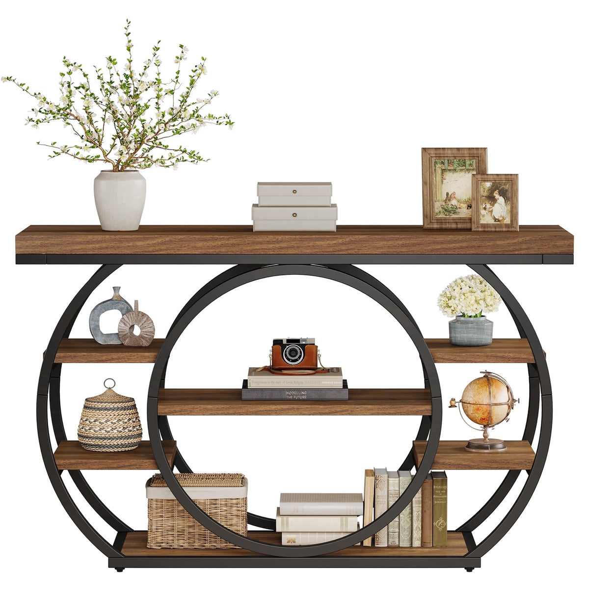 Fnova 47-Inch Industrial Console Table, 5-Tier Entryway Table with Circular Metal Frame, Narrow Sofa Table for Living Room, Hallway, Foyer,WM010914_BNB_US
