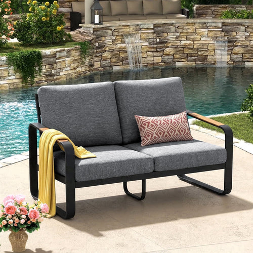 Fnova 2-Person Outdoor Loveseat, Heavy Duty Metal Patio Bench Sofa with 5.9-Inch Thick Cushions, Weather-Resistant Outdoor Seating Furniture for Porch, Backyard, Balcony and Patio,WM011504_G_US