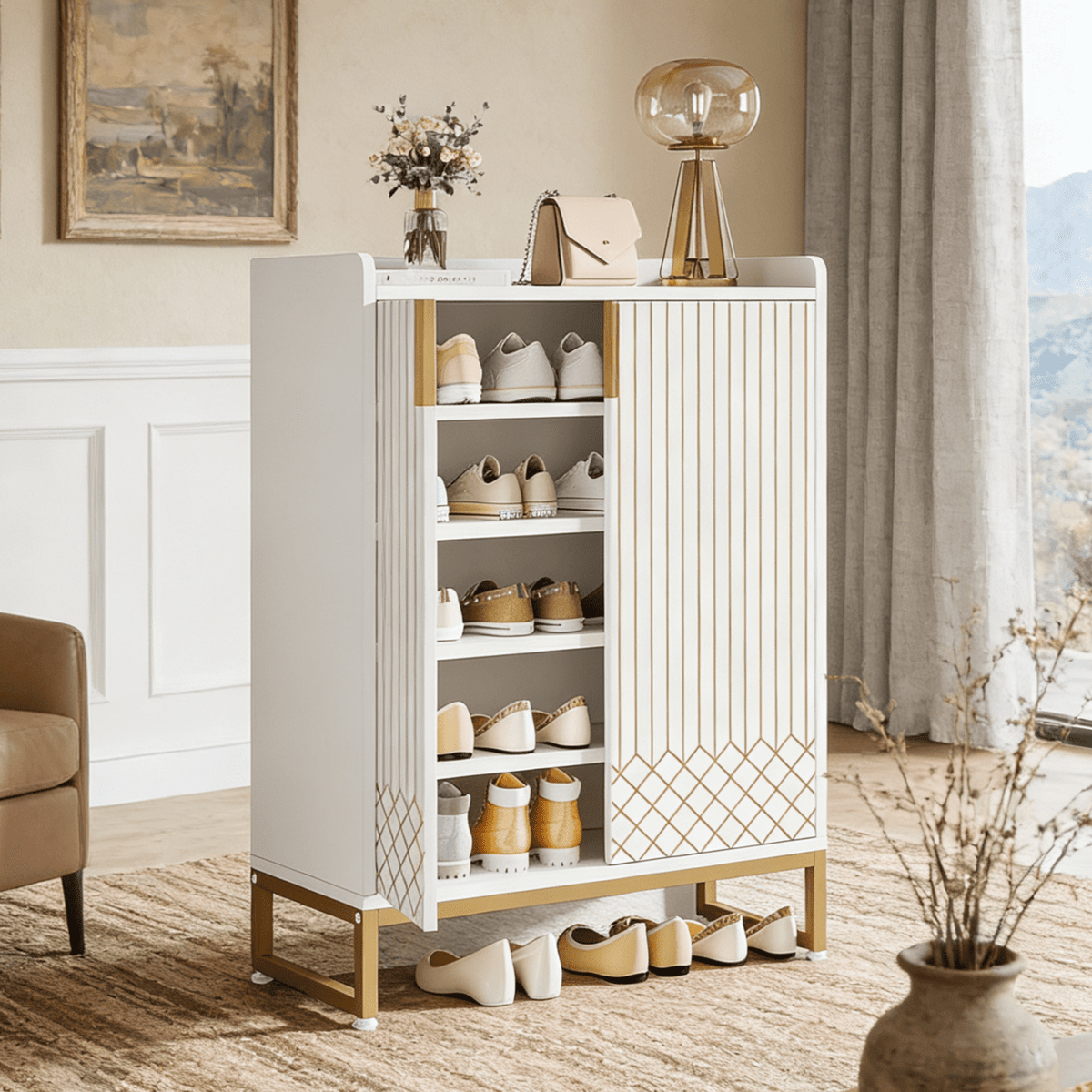 Fnova 5-Tier Farmhouse Cabinet, Side Cabinet with Open Shelf, Shoe Storage with 2 Doors, Steel Legs, Easy Assembly for Entryway, Hallway, Living Room, Bathroom,WM011314_W_Cabinet