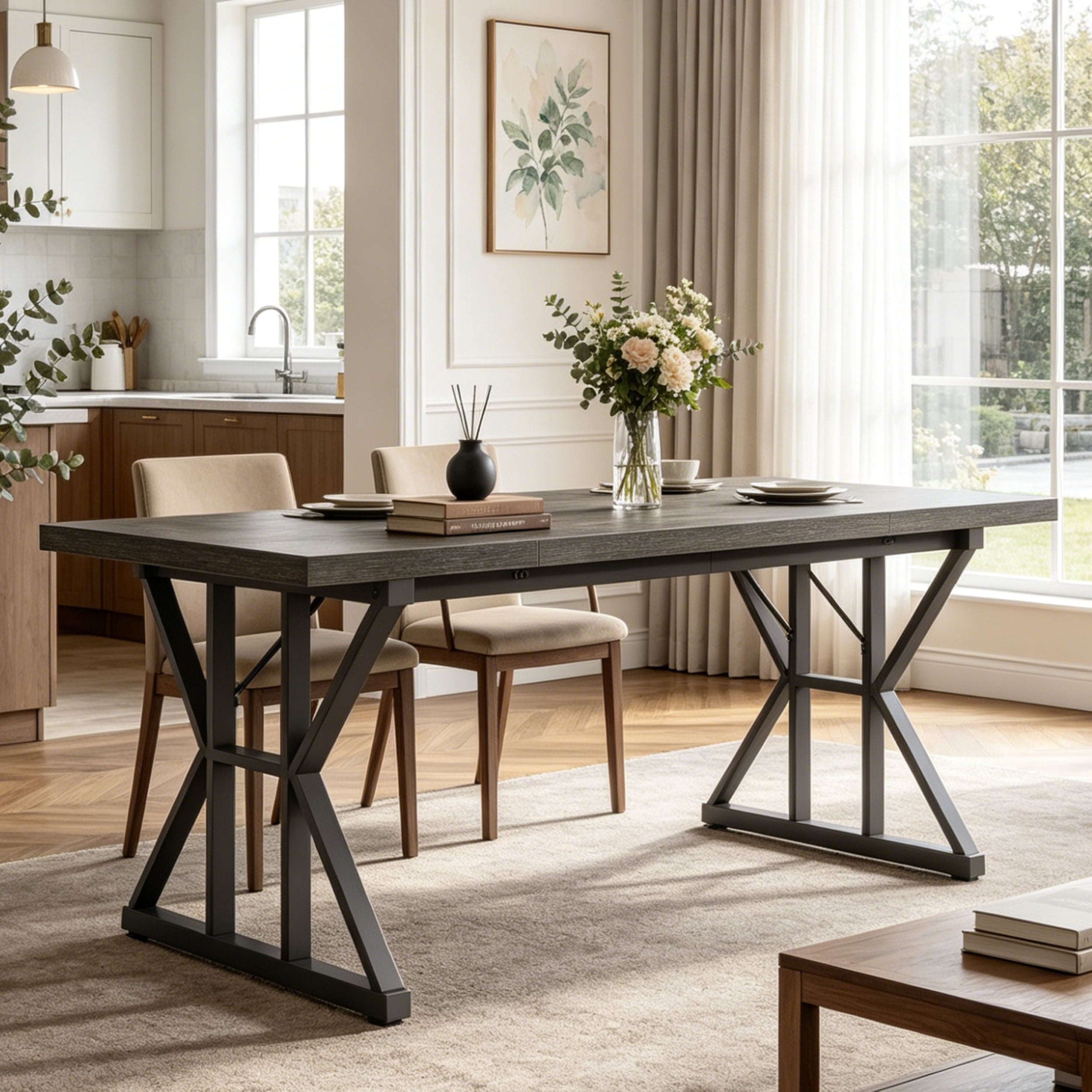 Fnova 70.86 Inch Farmhouse Dining Table, X-Shaped Metal Legs, Large Rectangular Kitchen Table for 6-8 People, Heavy Duty Dining Room Furniture,Black