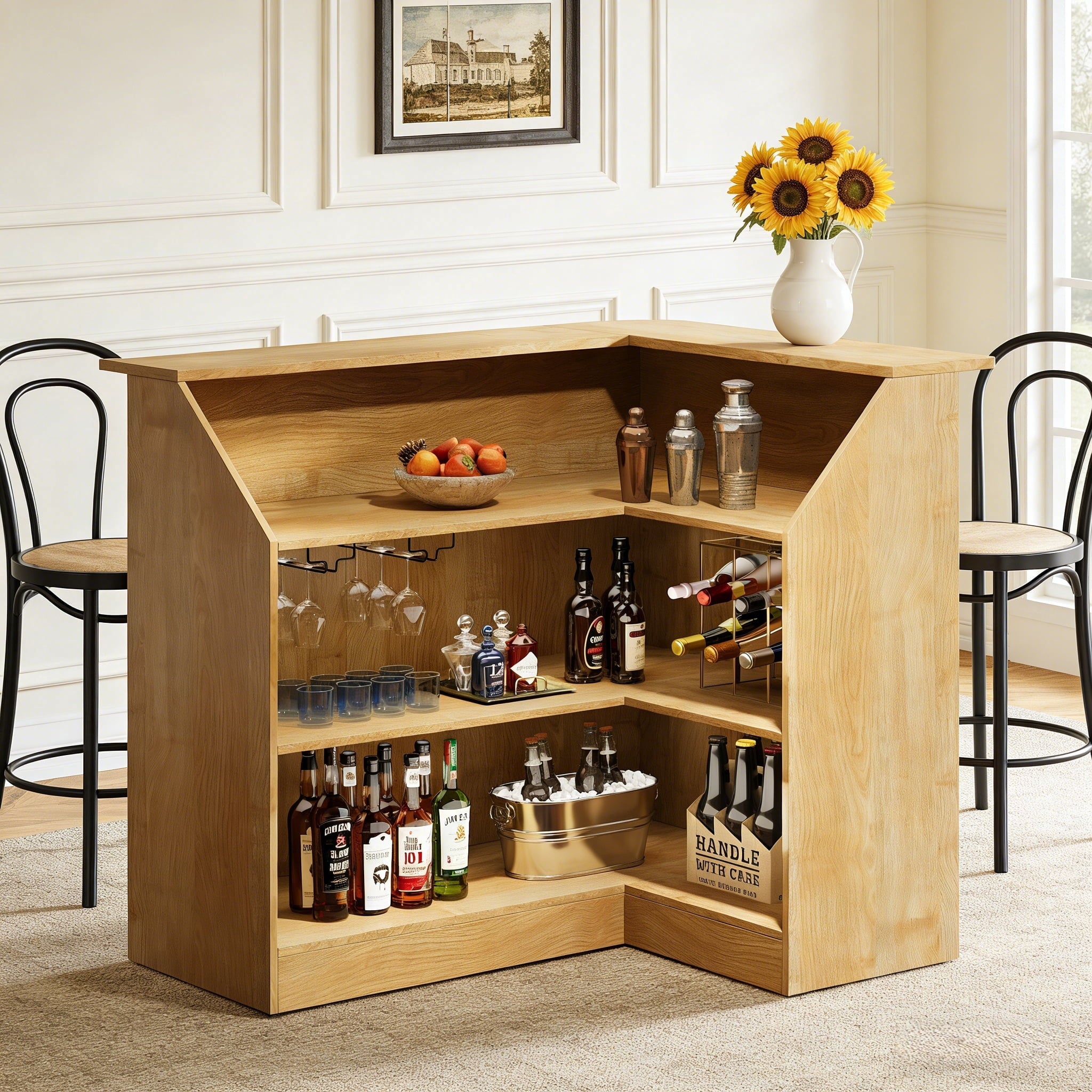 Fnova Bar Table, L-Shaped Home Pub Table with Stemware Racks, 4-Tier Corner Bar Unit Liquor Wine Bar Cabinet Reception Desk for Home Pub,Light Brown