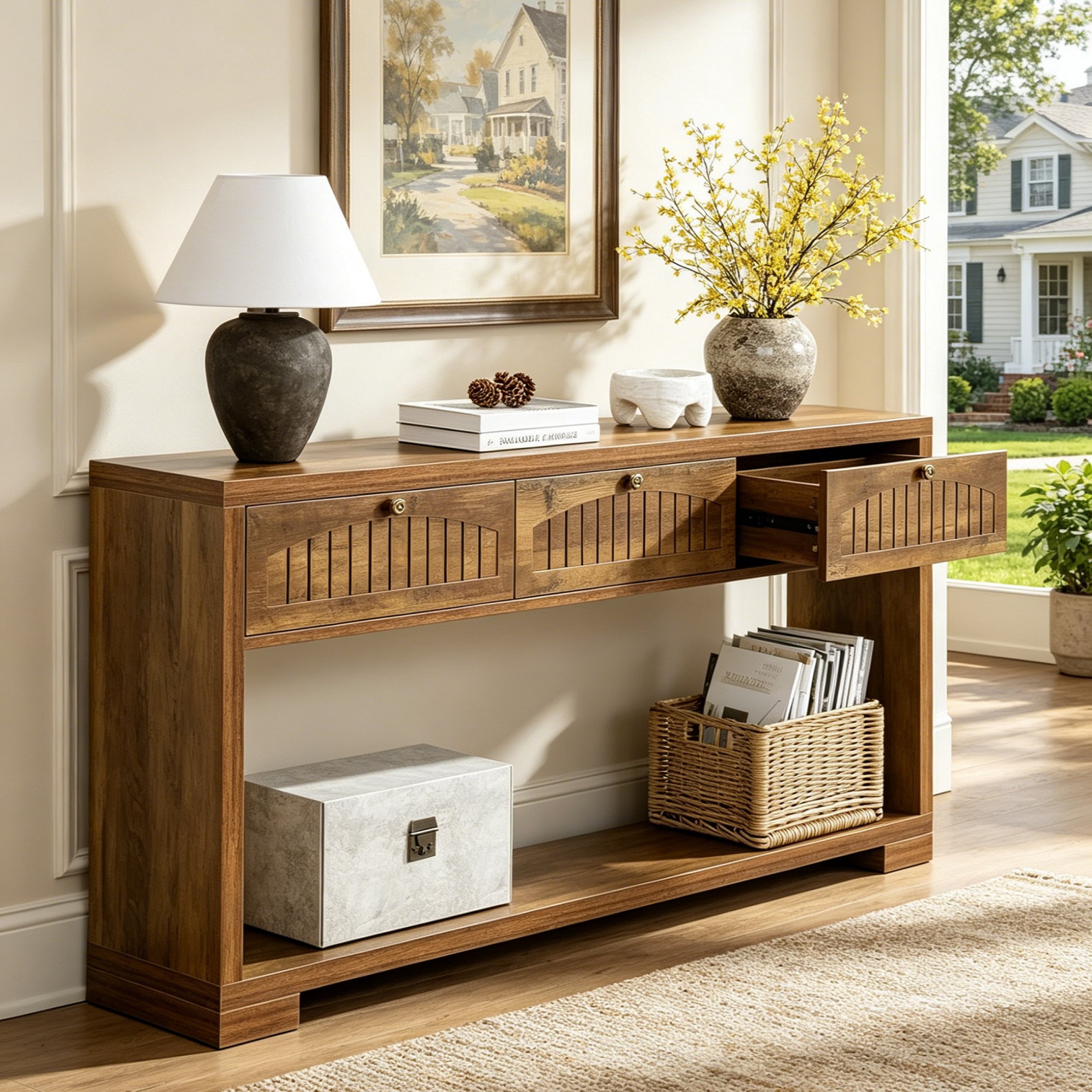Fnova 70.8" Farmhouse Console Table, 3-Drawer Narrow Entryway Table with Open Shelf, Long Narrow Sofa Table for Living Room, Hallway, Foyer,Brown