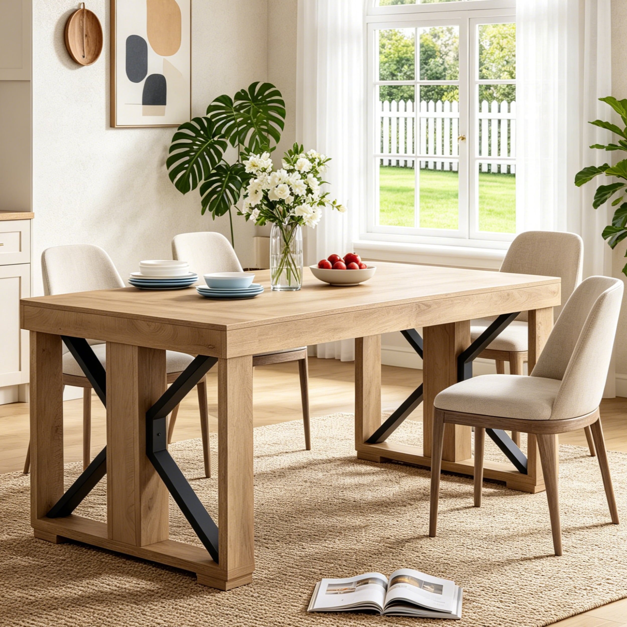 Fnova 70.87-Inch Farmhouse Dining Table for 6-8 People, Industrial Wood Rectangular Kitchen Table with Sturdy Metal X-Frame for Living Room, Kitchen,WM010417_BN_US