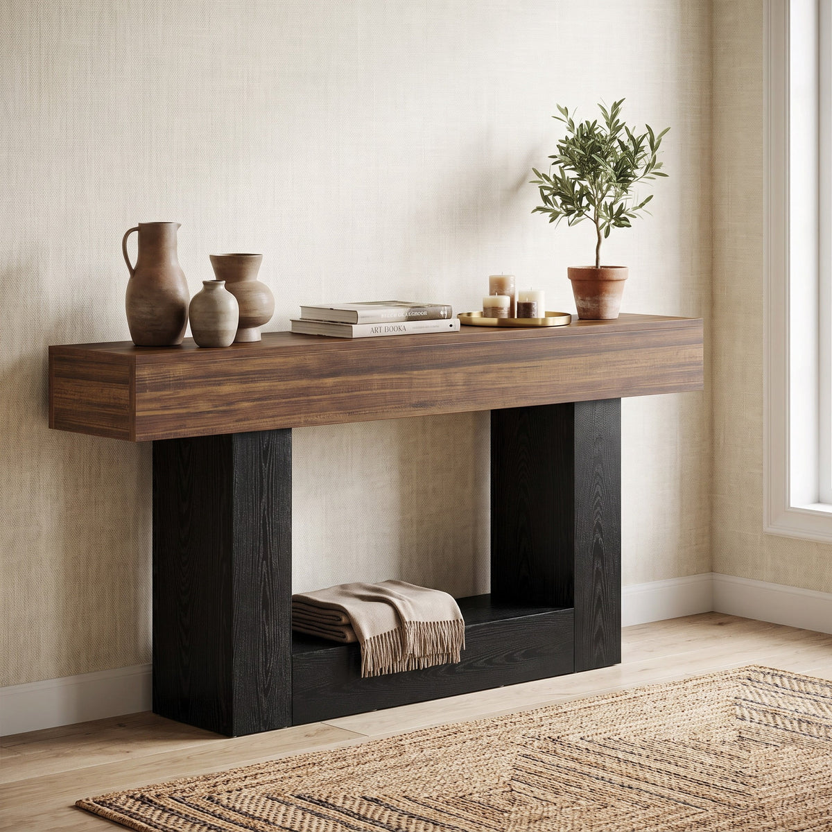 Fnova 63-Inch Farmhouse Console Table, 2-Tier Wood Entryway/Sofa Table with Storage Shelf for Living Room, Hallway, Behind Couch,WM010266_DBNB_US