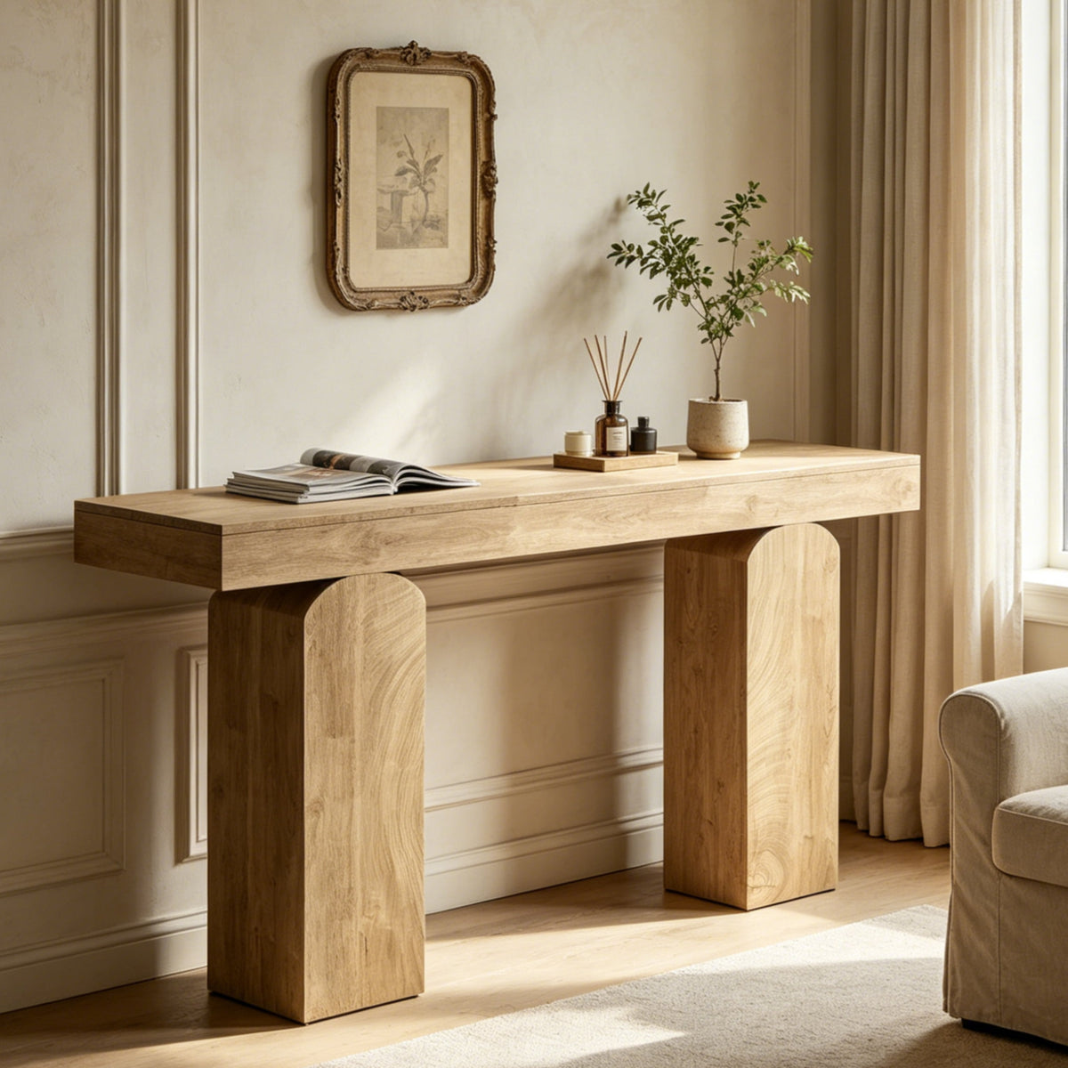 Fnova 63-Inch Farmhouse Console Table, Long Entryway Table with 2 Arched Pedestal Legs, Wooden Sofa Console Behind The Couch for Entrance, Hallway, Living Room,WM010361_BN_US