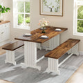 Fnova 47.24" Modern Dining Table Set for 4 with 2 Benches, 3-Piece Dining Room Set, Wood Tabletop, Metal Frame, Brown,0