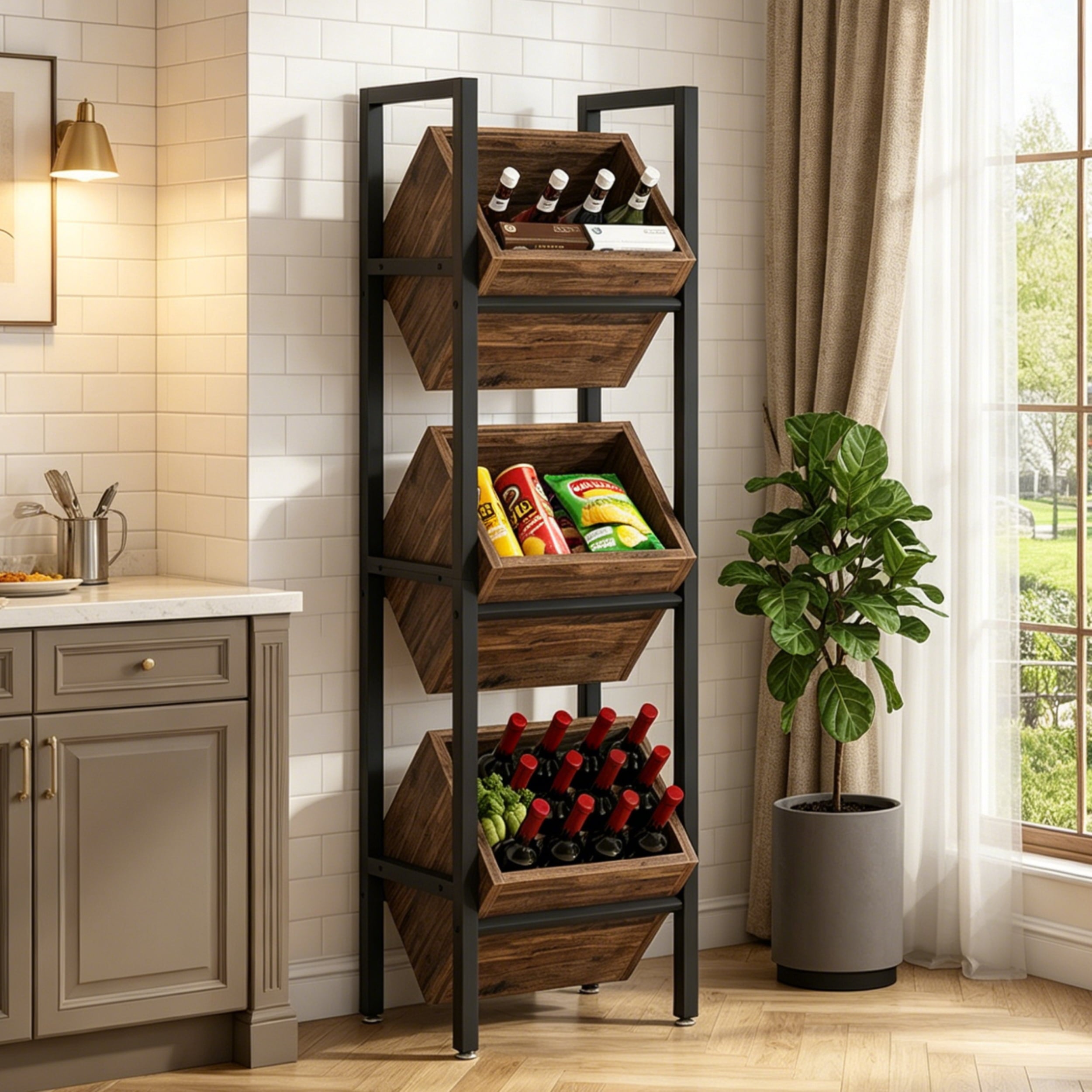 Fnova 51.1" 3 - Tier Industrial Storage Shelf with Wooden Baskets, Freestanding Organizer for Wine Bottles, Kitchen, Cellar,Brown