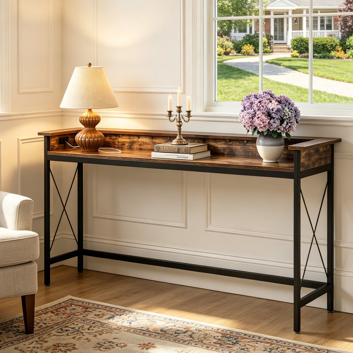 Fnova 70.9-Inch Console Table, Extra Long Sofa Table with Outlets and USB Ports, Industrial Entryway Table with Charging Station, Narrow Hallway Accent Table for Living Room, Hallway, Foyer,WM010375_BN_US