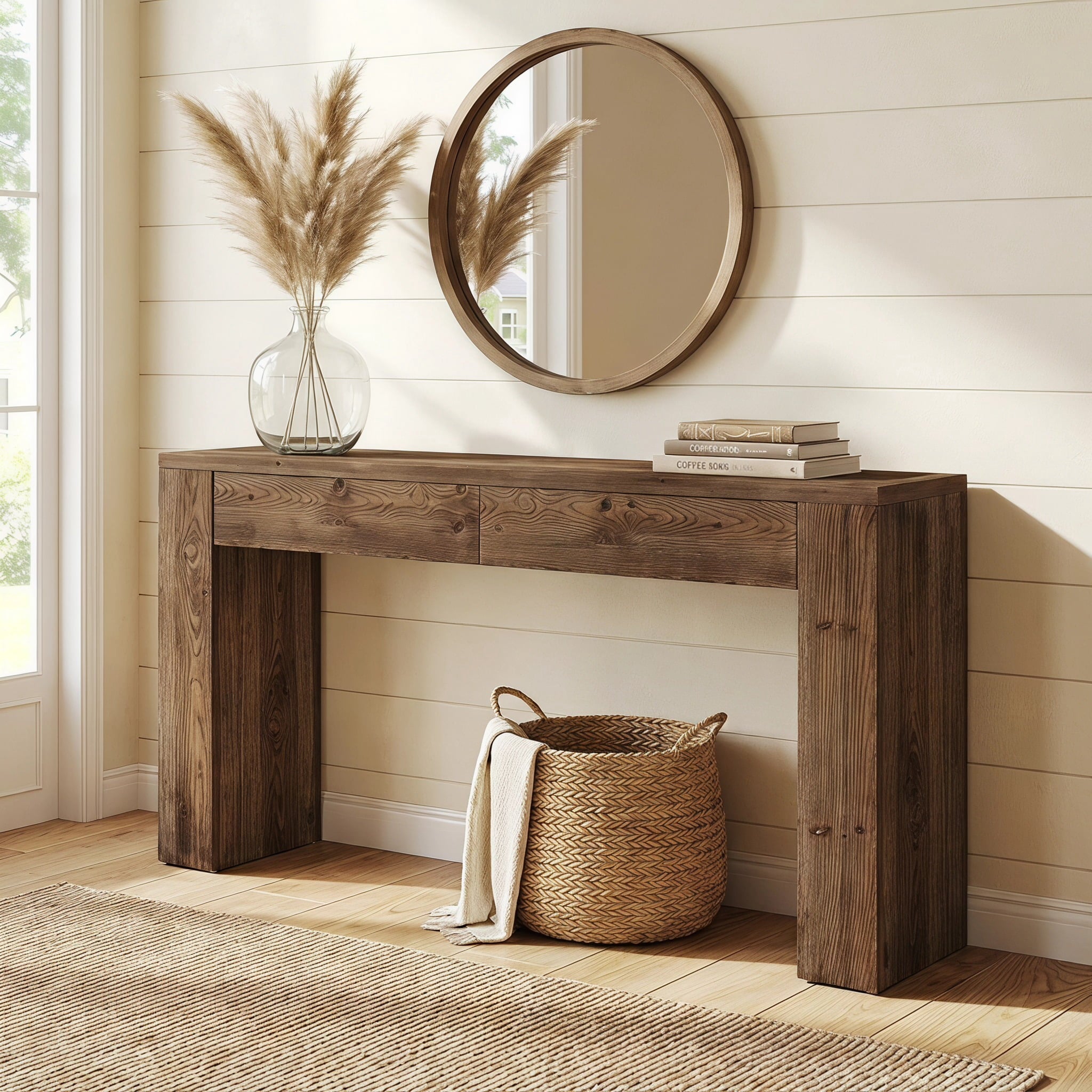 Fnova 63-Inch Solid Wood Console Table with 2 Drawers, Farmhouse Extra Long Entryway Table, Rustic Sofa Table for Living Room, Hallway, Foyer,WM010925_BN_US