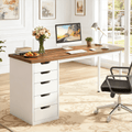 Fnova 47.24" Computer Desk with 5 Drawers, Reversible File Cabinet, Writing Workstation for Home Office Bedroom Study Makeup Vanity Desk Furniture,Brown and White
