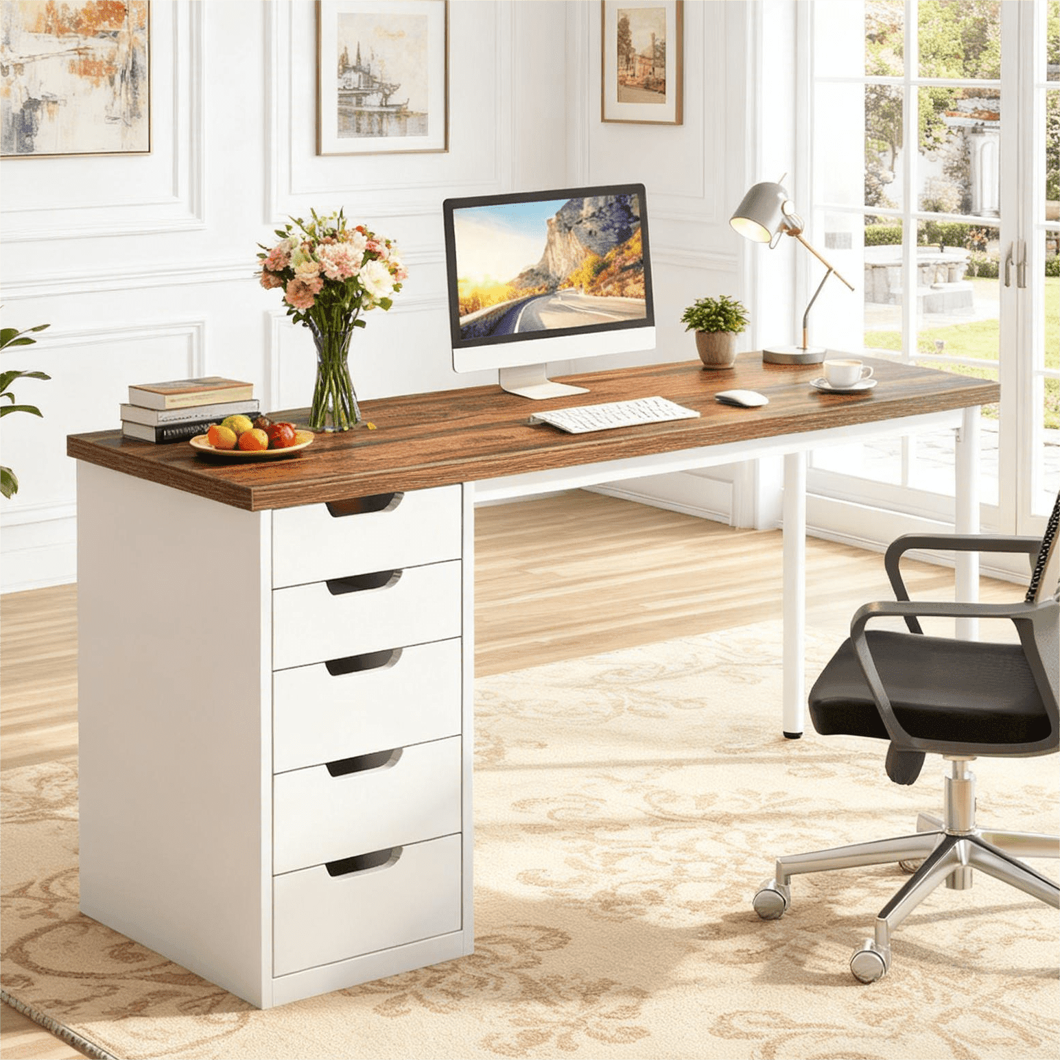 Fnova 47.24" Computer Desk with 5 Drawers, Reversible File Cabinet, Writing Workstation for Home Office Bedroom Study Makeup Vanity Desk Furniture,Brown and White