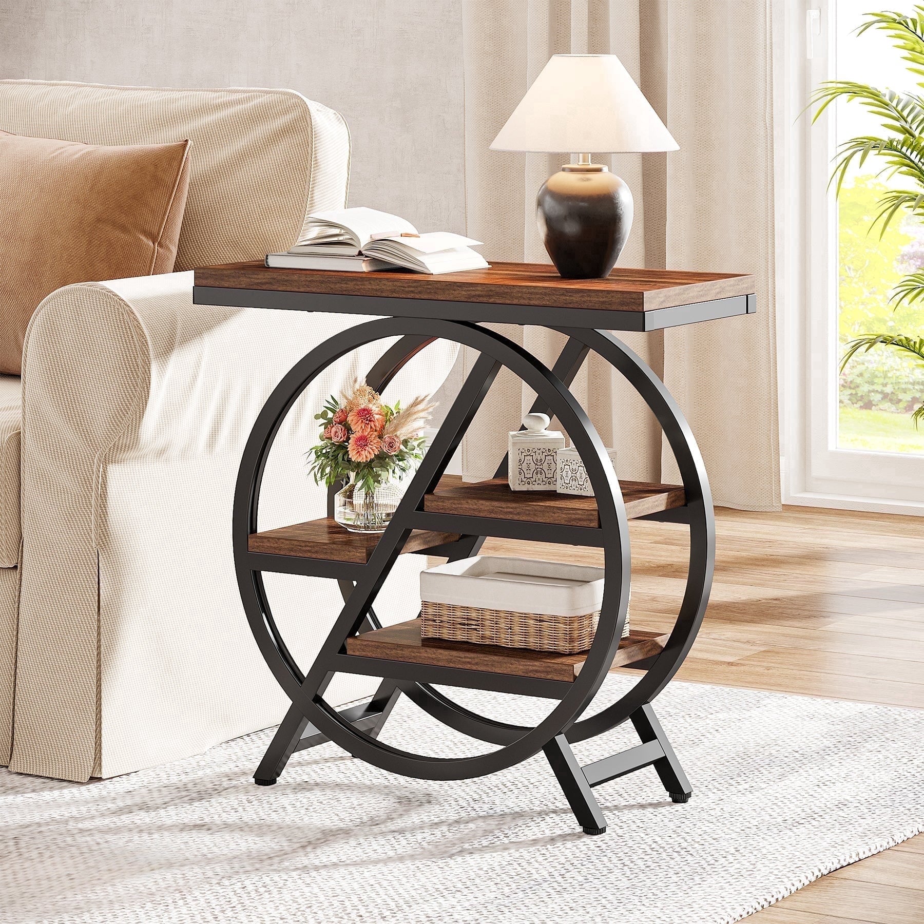 Fnova Side Table with Circular Metal Frame, End Table with 4-Tier Shelves for Living Room, Rustic Brown,WM010107_DB_US