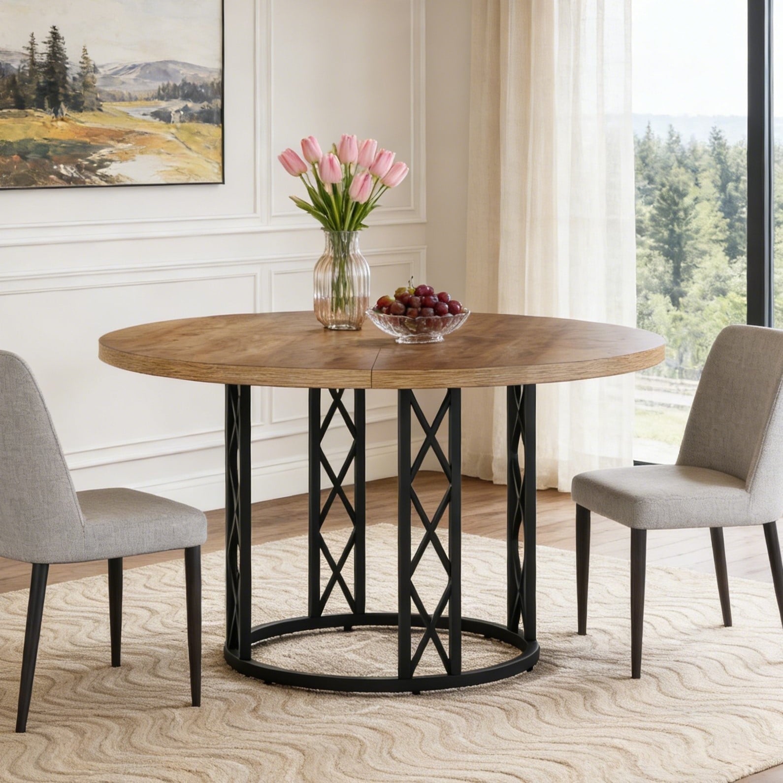 Fnova 47.24-Inch Modern Round Dining Table for 4 with Wood Tabletop, Kitchen Table for Dining Room, Light Brown,WM010210C_LBN_Tables