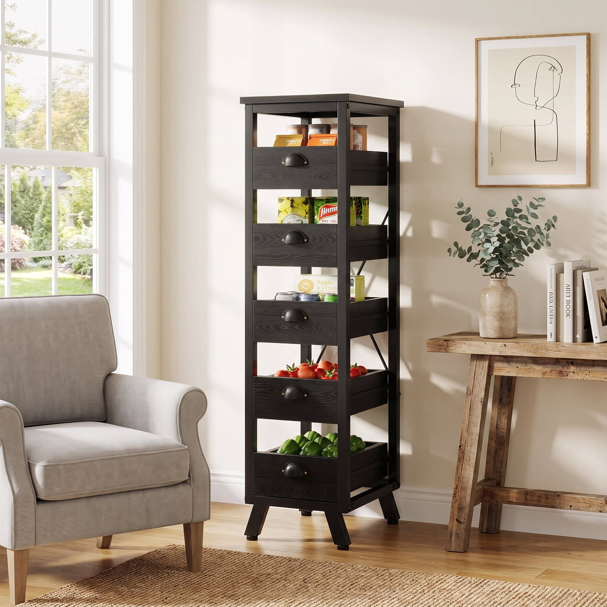 Fnova 5-Drawer Vertical Storage Dresser, Tall Narrow Chest of Drawers with Metal Frame, Freestanding Storage Organizer Cabinet, Home Office Furniture for Bedroom Closet Entryw,WM010626_B_US