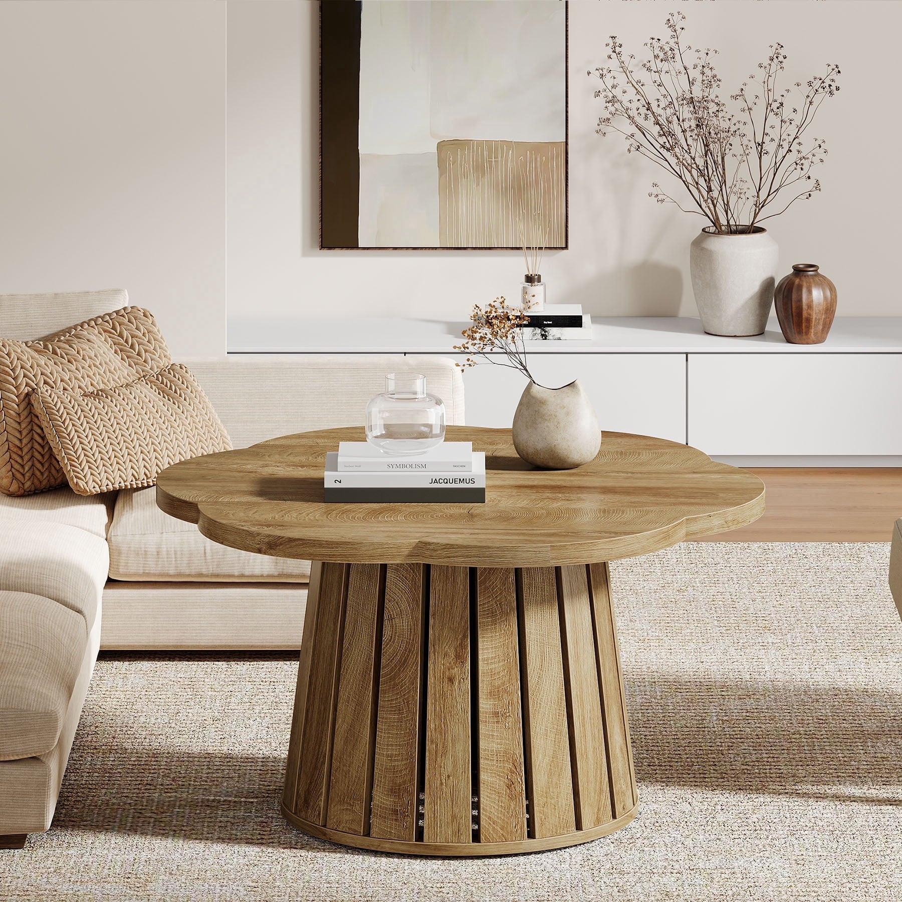 Fnova 33.5-Inch Round Coffee Table, Farmhouse Center Table with Flower-Shaped Tabletop, Wooden Accent Cocktail Table for Home Office, Living Room, Coffee Shop, Brown,WM010329_BN_Table