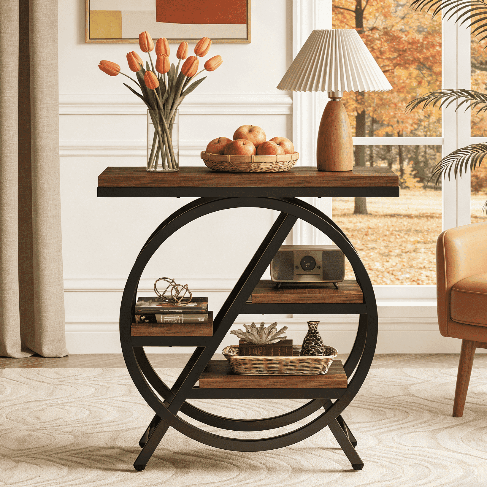 Fnova End Table Modern Wood Narrow Farmhouse Side Tables with Storage Shelf for Living Room, Bedroom, Nightstand,Brown