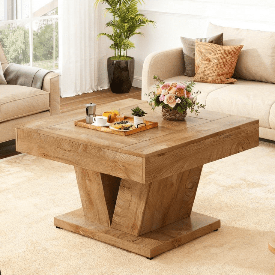 Fnova 31" Farmhouse Square Coffee Table, Wood Center Table Accent Table Sofa Table for Living Room,Light Brown