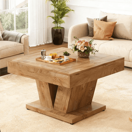 Fnova 31" Farmhouse Square Coffee Table, Wood Center Table Accent Table Sofa Table for Living Room,Light Brown