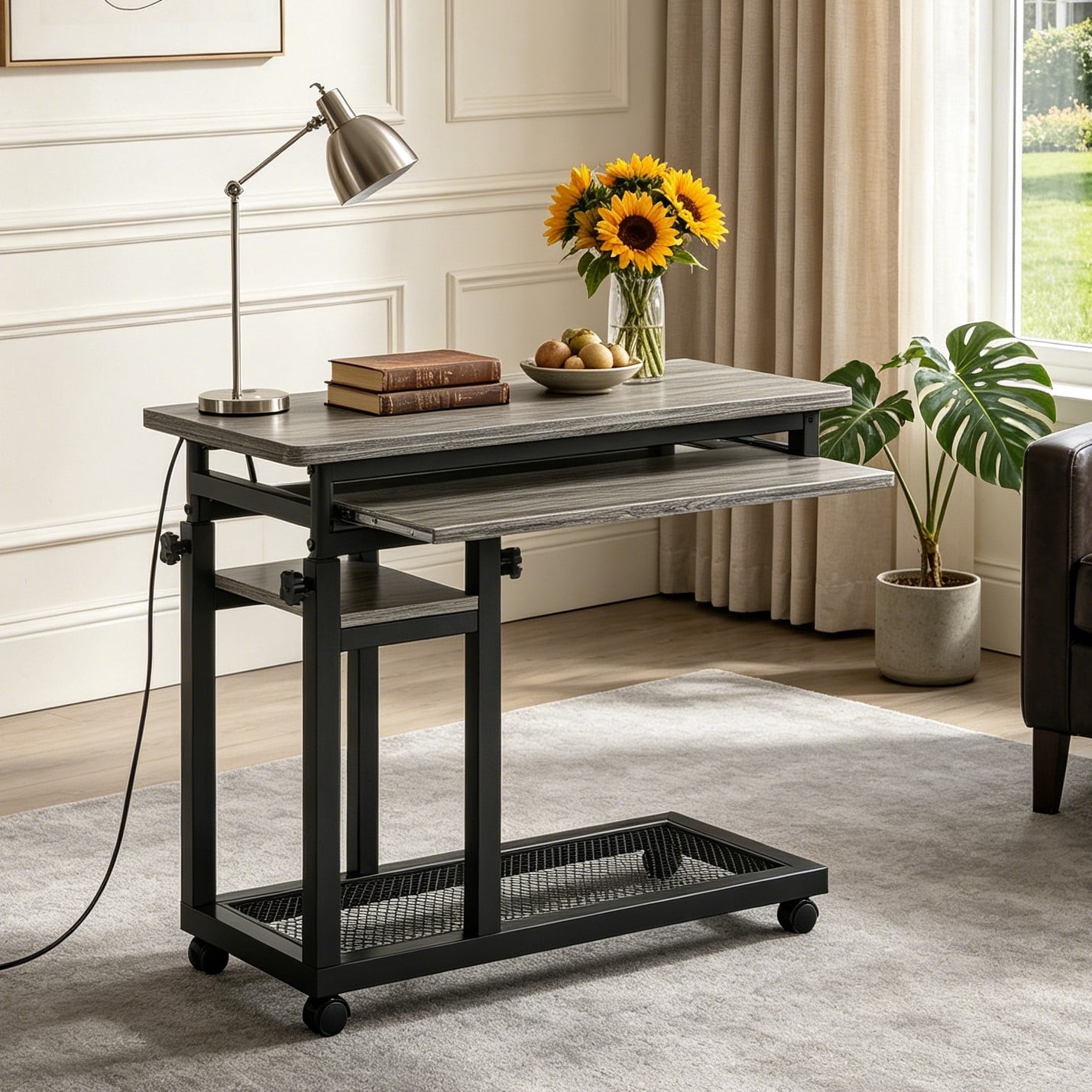 Fnova Small Portable Desk with Charging Station, Height Adjustable Mobile Desk with 4 Wheels, USB Ports & Power Outlet, Rolling Computer Cart, C Side Table for Sofa Couch Bedside, Gray,Gray