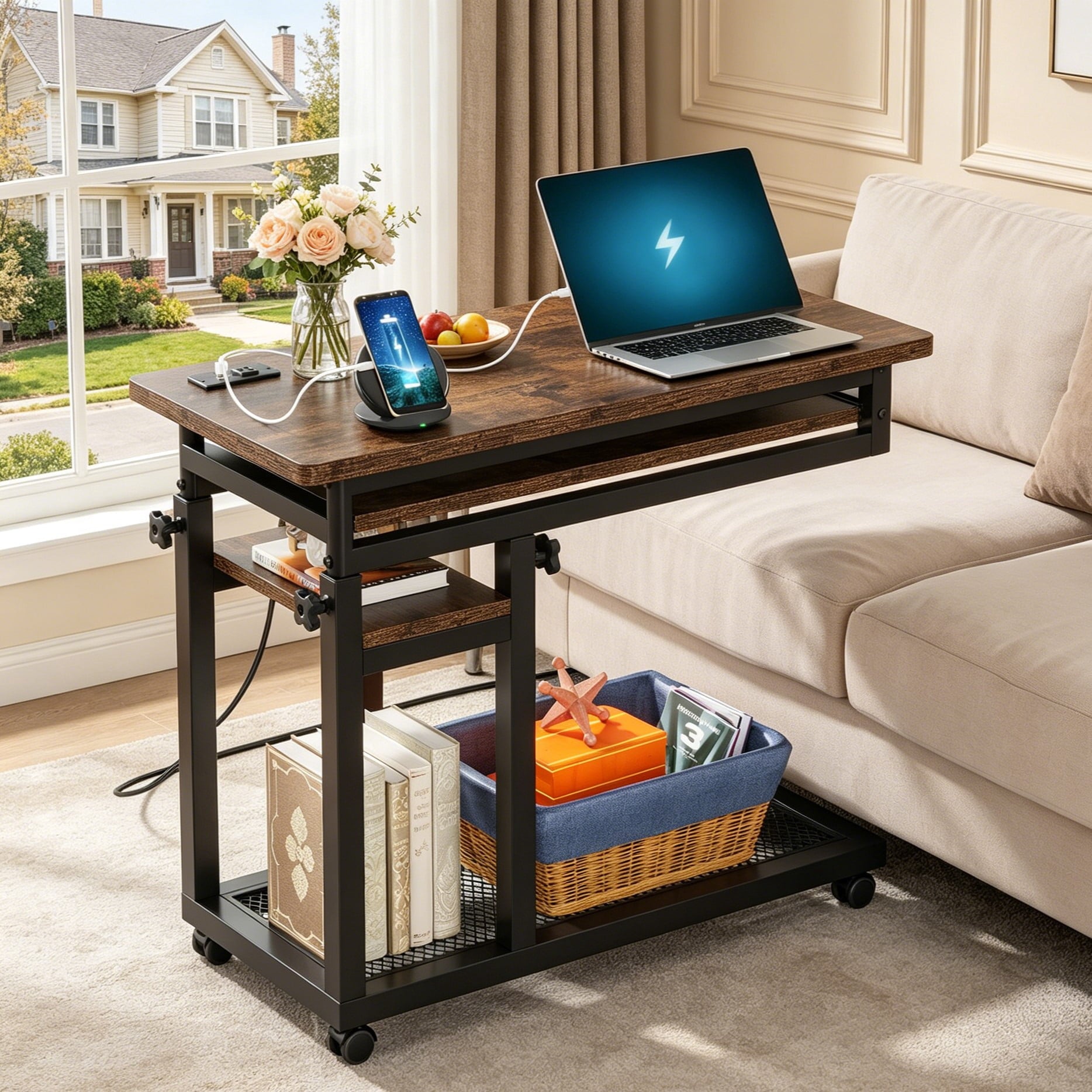 Fnova Small Portable Desk with Charging Station, Height Adjustable Mobile Desk with 4 Wheels, USB Ports & Power Outlet, Rolling Computer Cart, C Side Table for Sofa Couch Bedside, Brown,Brown